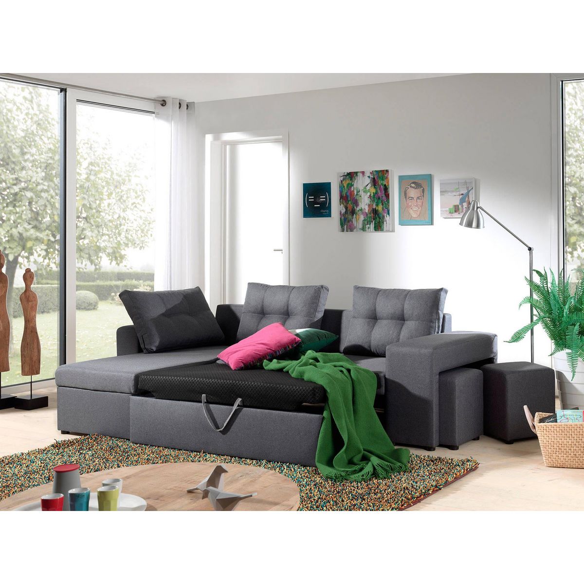 BEST MOBILIER California - canapé d'angle réversible et convertible avec coffre de rangement - gris - gris