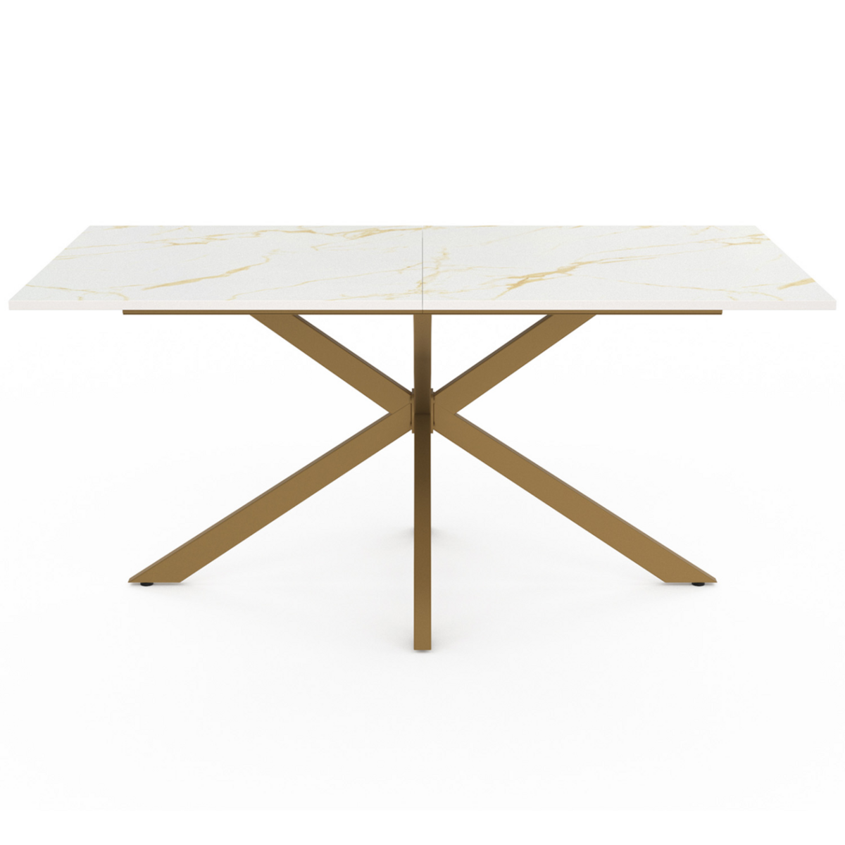 ID MARKET Table à manger rectangle ALIX  8 personnes pied araignée laiton et plateau effet marbre blanc ALASKA 160 cm