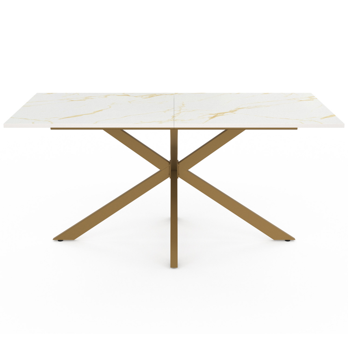 ID MARKET Table à manger rectangle ALIX  8 personnes pied araignée laiton et plateau effet marbre blanc ALASKA 160 cm