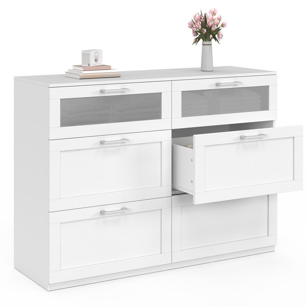 ID MARKET Commode 6 tiroirs VITO 110 cm bois blanc et effet givré