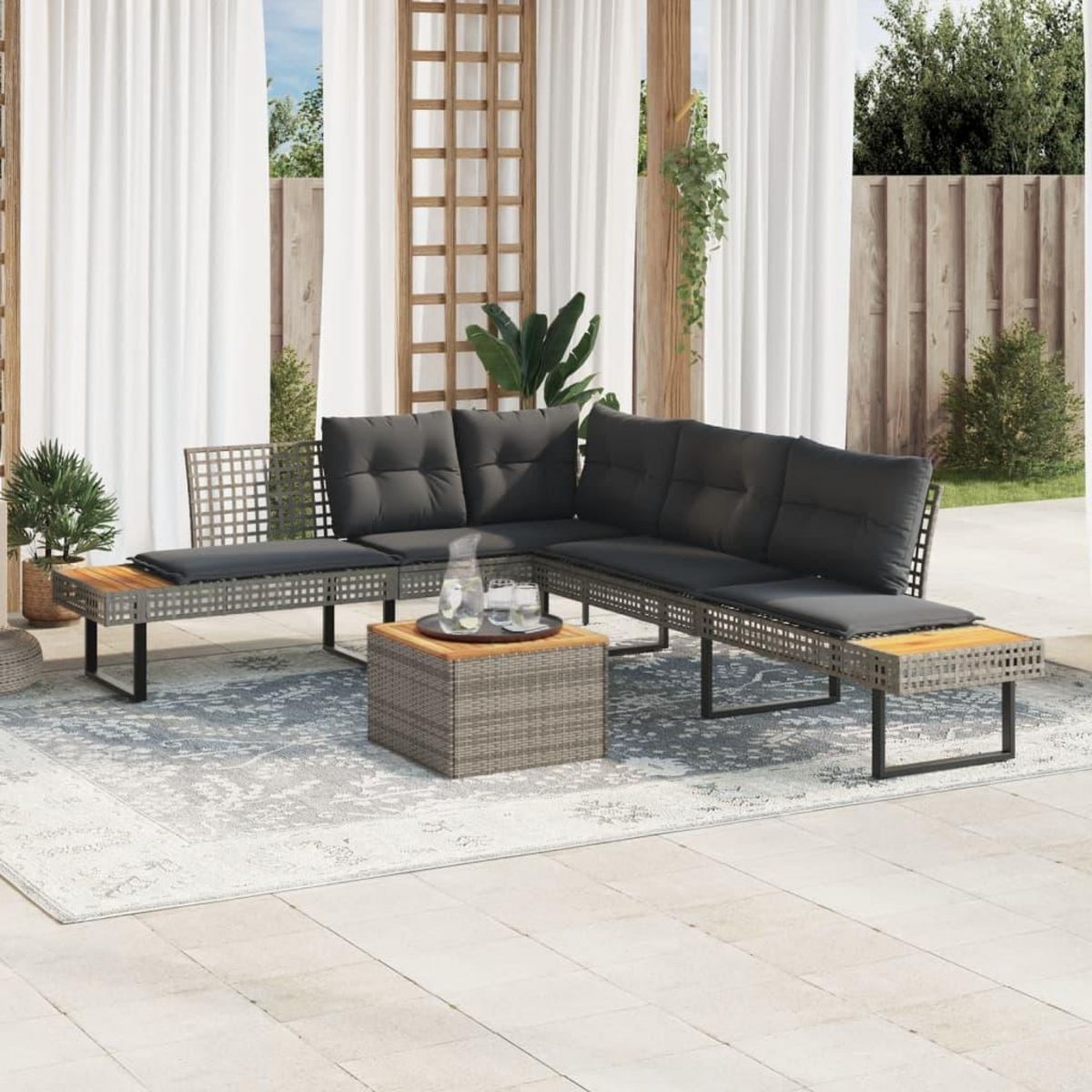VIDAXL Salon de jardin avec coussins 5 pcs gris resine tressee acacia