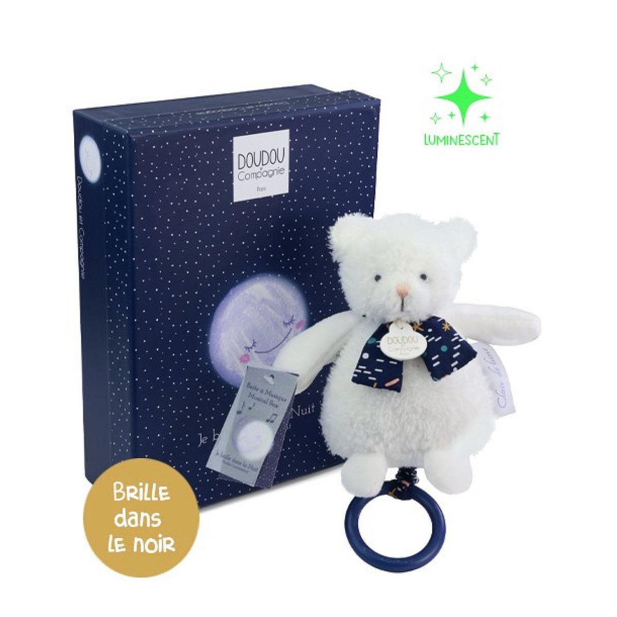 DOUDOU ET COMPAGNIE Boite a musique luminescente ours - 17 cm - Clair de Lune