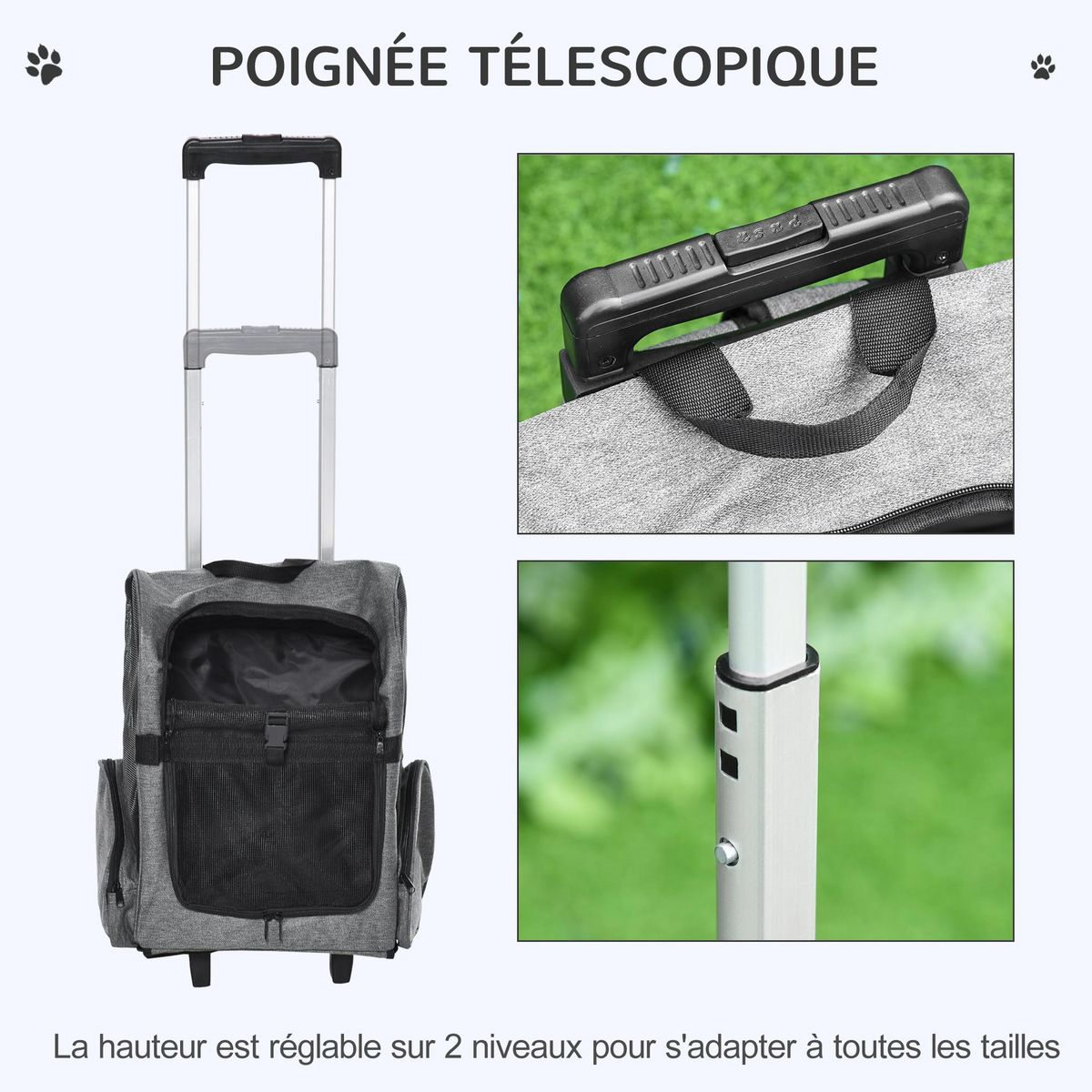 PAWHUT 2 en 1 trolley chariot sac à dos sac de transport à roulettes pour chien chat gris