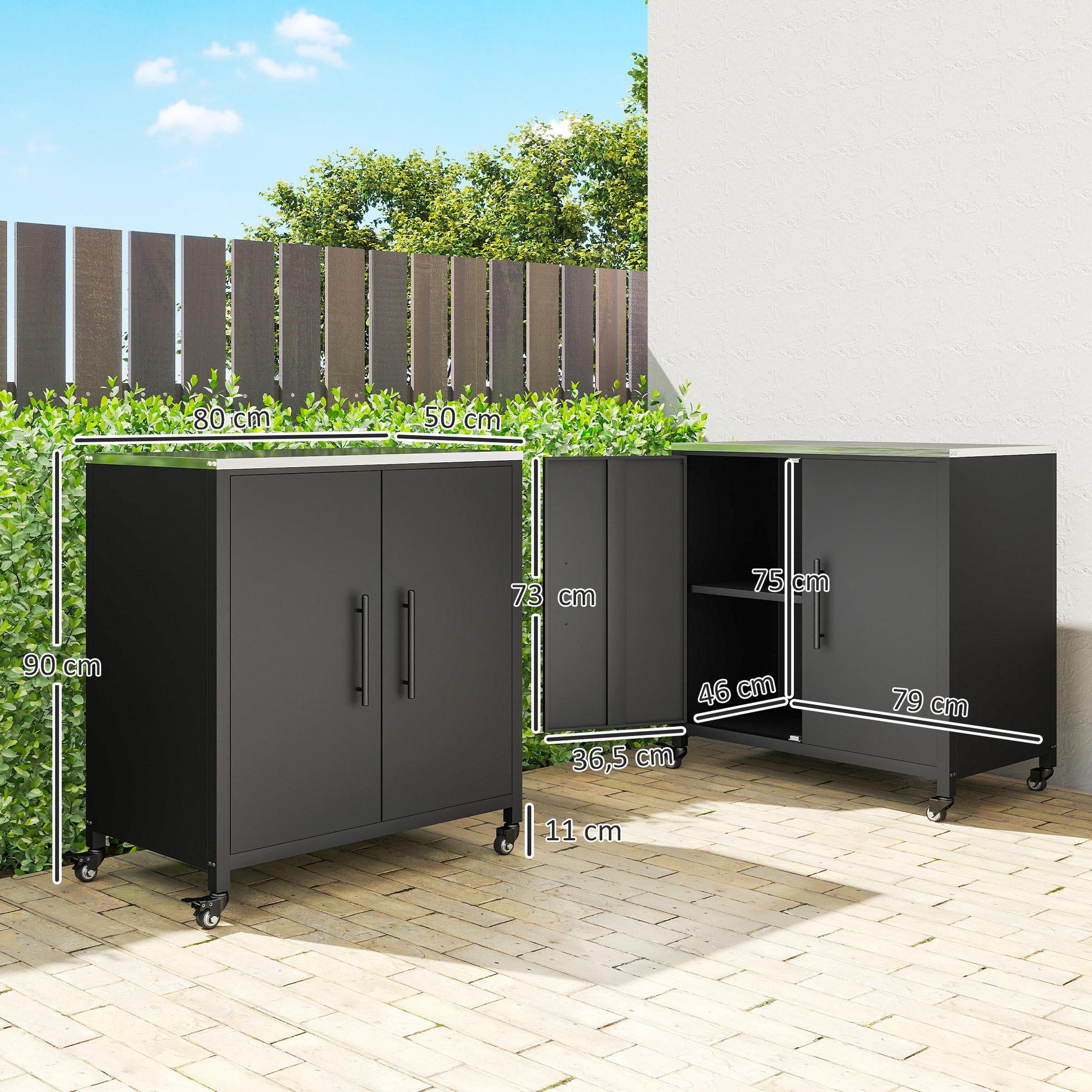 Voir la diapositive 3 : OUTSUNNY Meuble de Rangement de Jardin en Métal avec Roulettes Noir