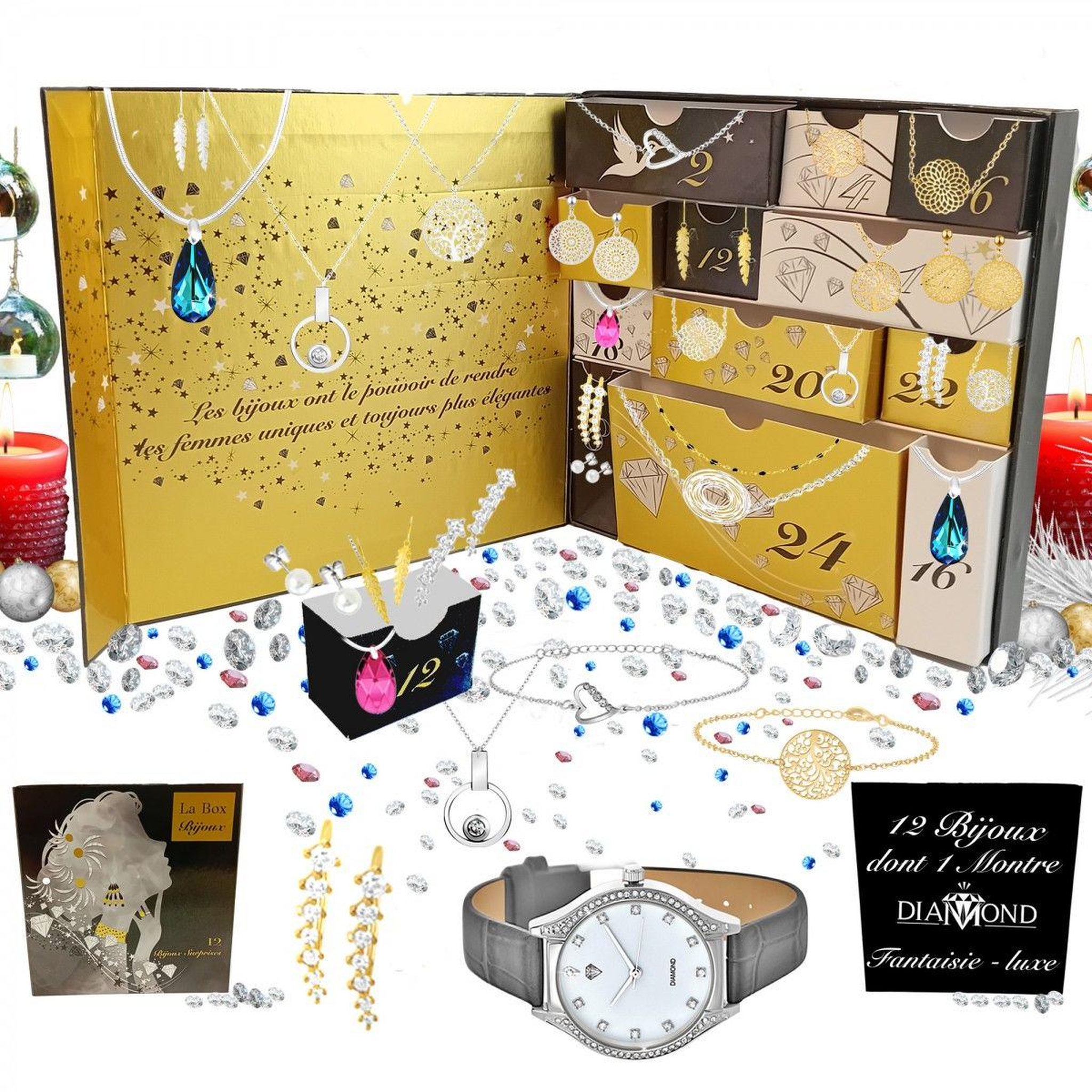 Voir la diapositive 1 : SC CRYSTAL Calendrier de l'avent sc crystal - 11 bijoux et 1 montre ornée d'un véritable diamant