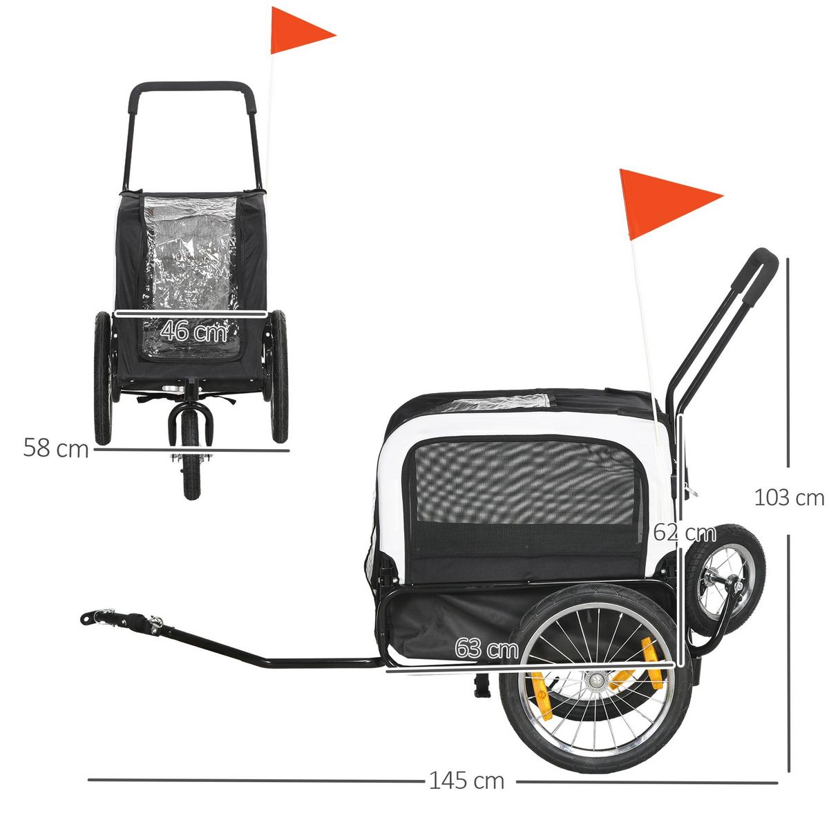 PAWHUT Remorque vélo jogger 2 en 1 pour chien - remorque à vélo pour chien - attache, drapeau, roue AV pivotante, réflecteurs - noir