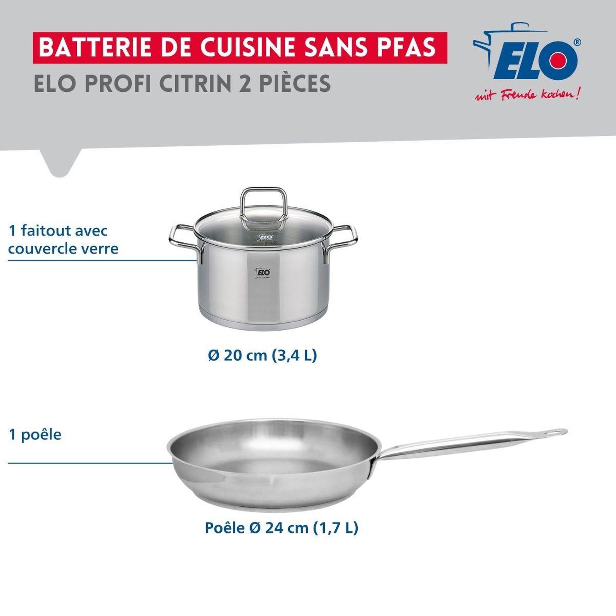 Voir la diapositive 2 : ELO Ensemble de 1 poêle de cuisson 24 cm et 1 faitout 20 cm elo profi citrin