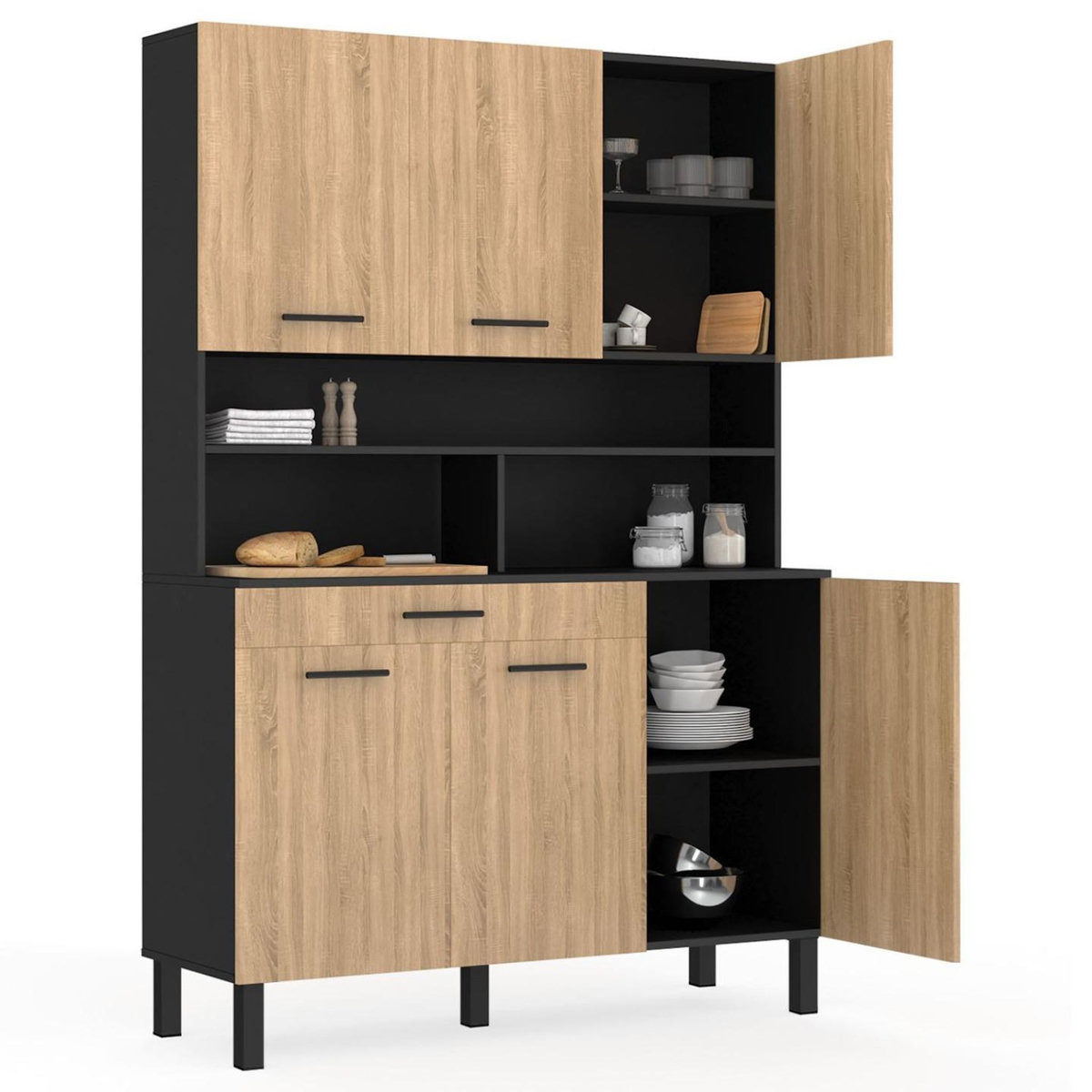 ID MARKET Buffet de cuisine 120 CM CINA 6 portes + tiroir noir et façon hêtre