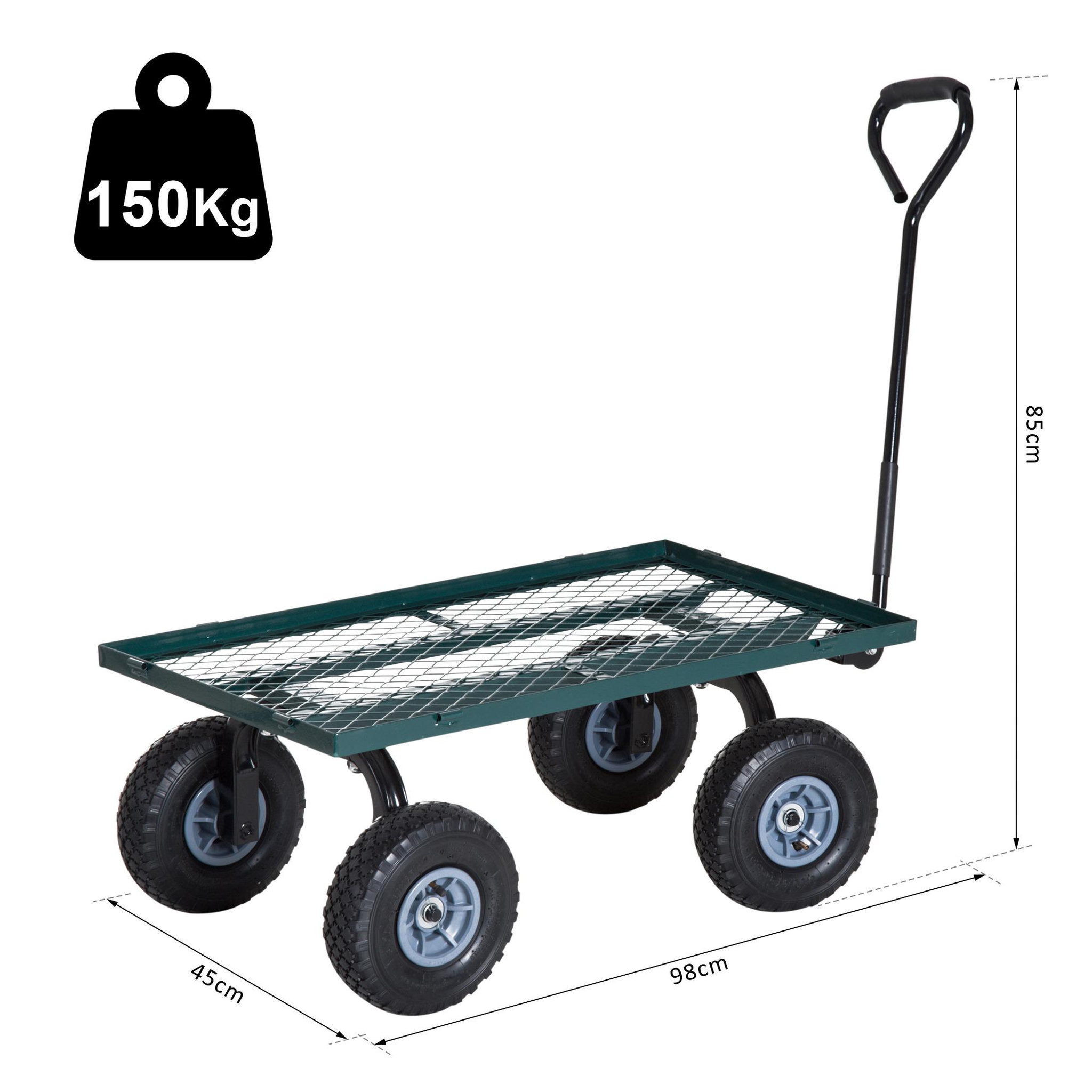 Voir la diapositive 3 : OUTSUNNY Chariot de transport jardin remorque à main charrette à bras 4 roues 98l x 45l x 85h cm charge max. 150 kg métal vert