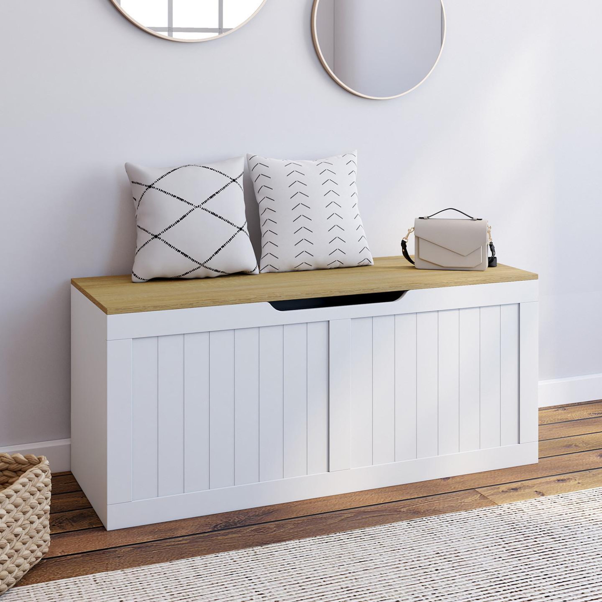 Voir la diapositive 2 : ID MARKET Banc coffre rangement 100 cm leon bois et blanc