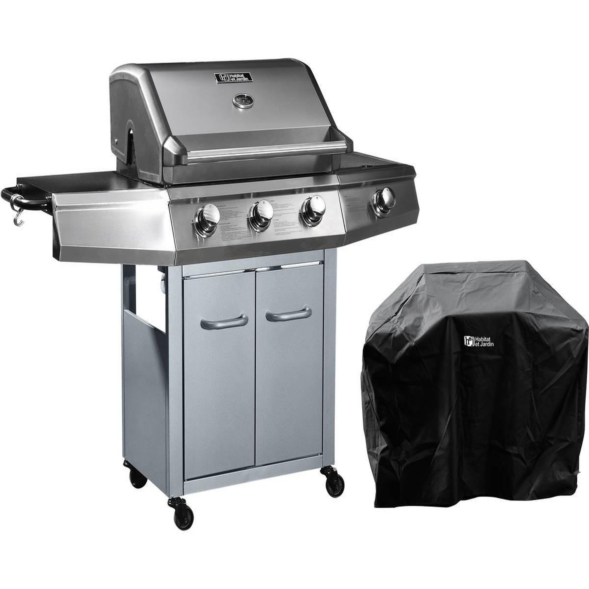 Voir la diapositive 1 : Habitat et Jardin Barbecue Gaz avec LED  Bingo 4  - 4 brûleurs dont 1 latéral - 14kW + Housse protection - Argenté
