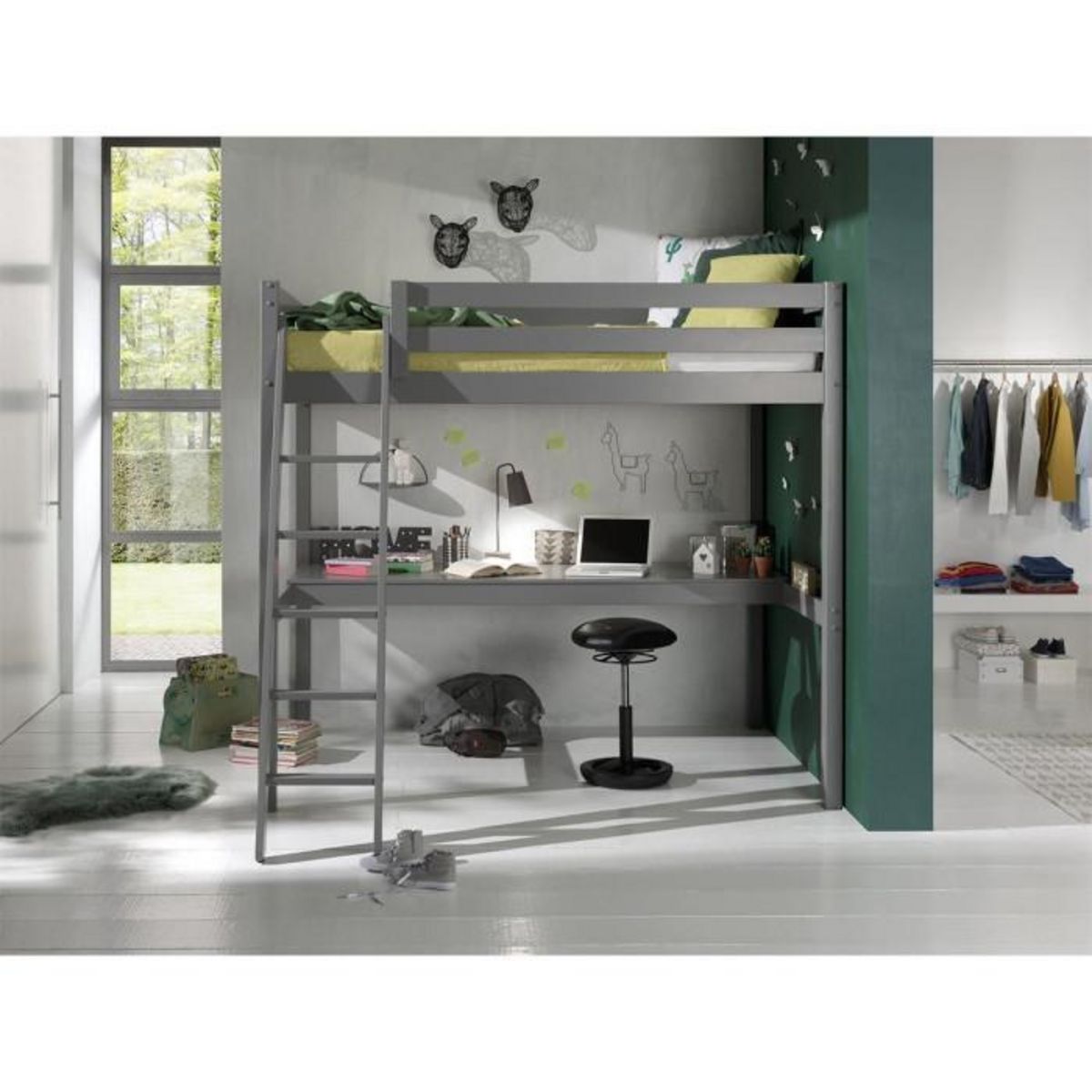 Paris Prix Lit Mezzanine Enfant & Plan de Travail  Pino  140x200cm Gris