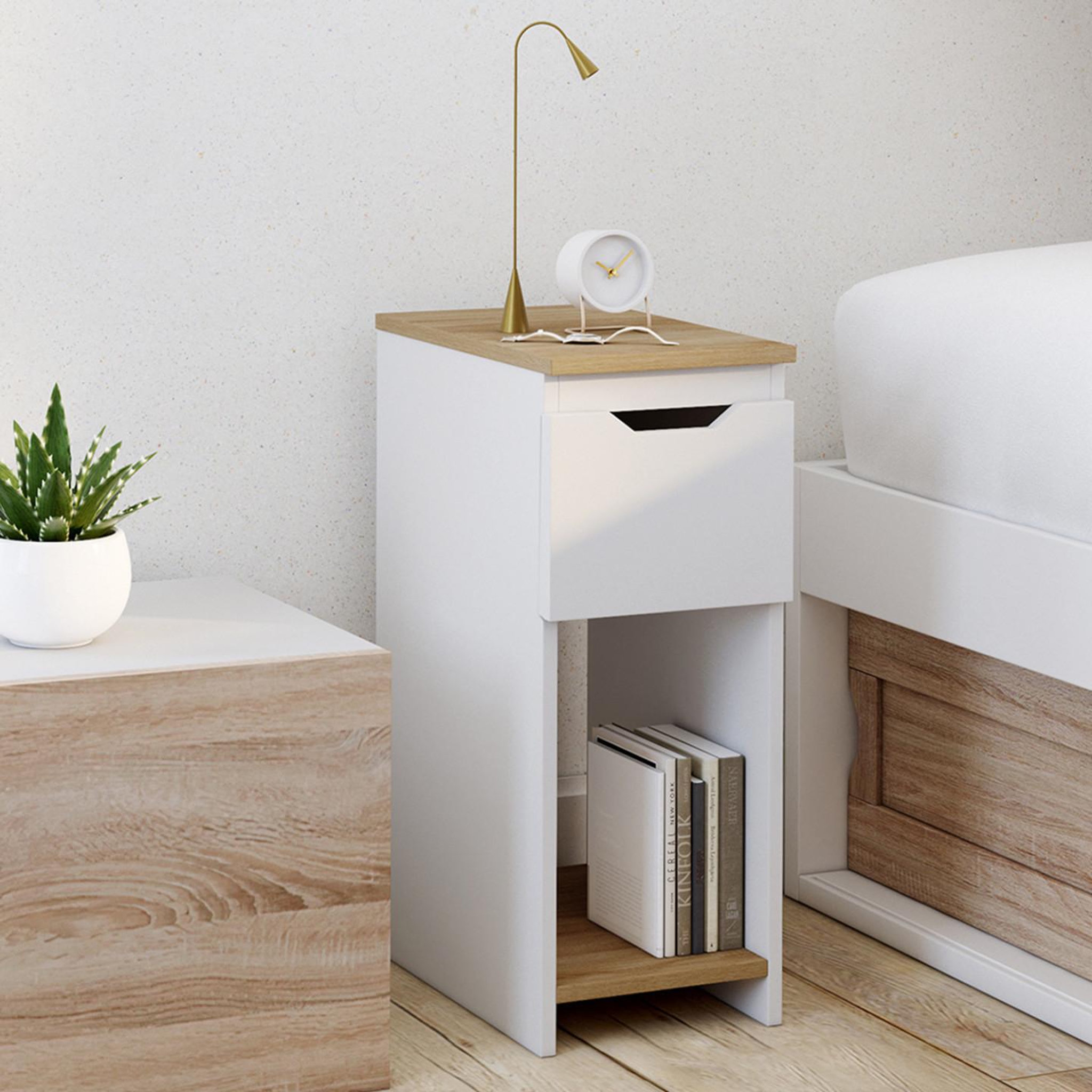 Voir la diapositive 2 : ID MARKET Lot de 2 tables de chevet étroites anouk 1 tiroir avec niche blanc et bois