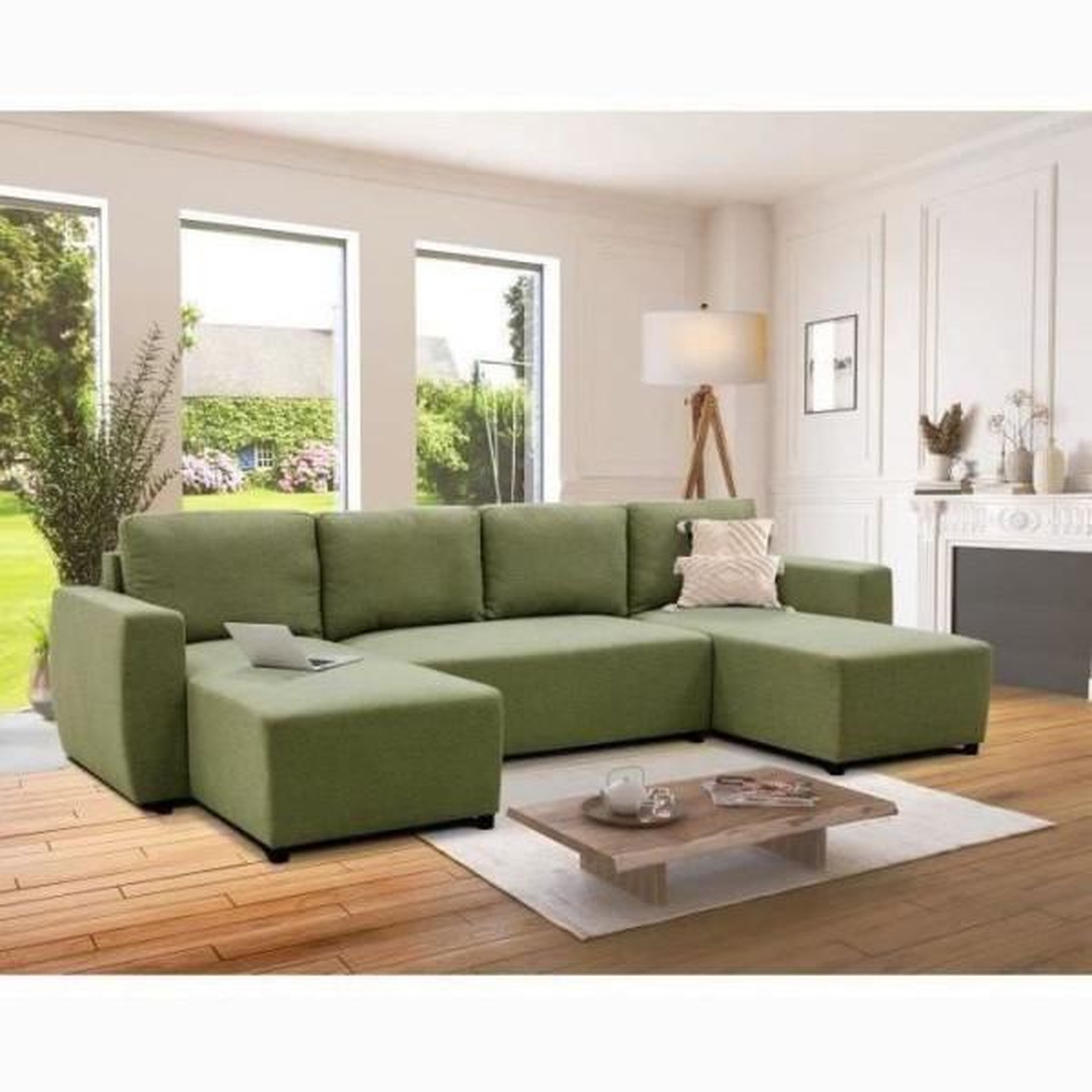 Voir la diapositive 2 : MARKET24 Canapé d'angle convertible panoramique PHARELL 5/6 places - Tissu olive - Coffre de rangement - L297 x P155 x H85 cm