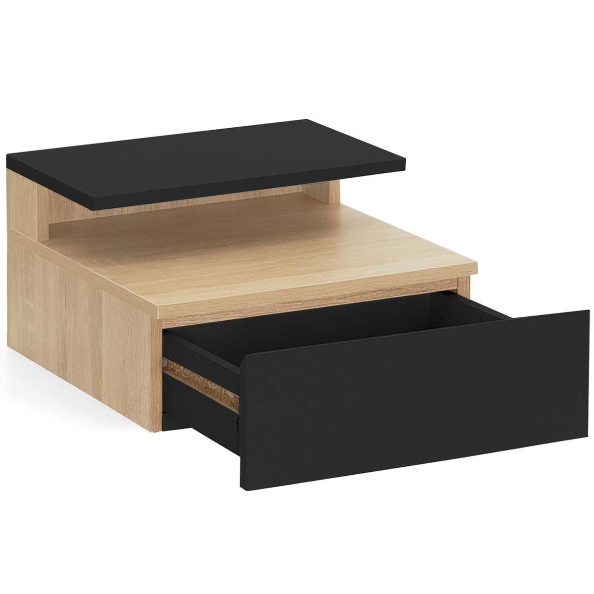 ID MARKET Lot de 2 tables de chevet murales TOMI 1 tiroir + 1 tablette étagère suspendue + 1 tablette façon hêtre et noir