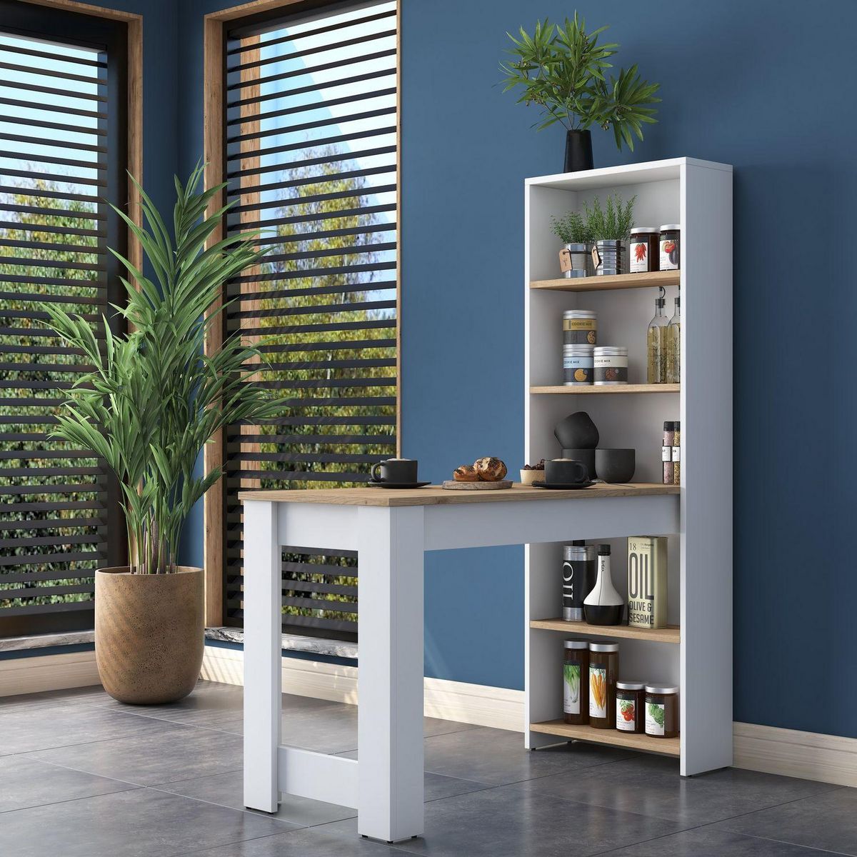 TOILINUX Table à manger avec étagère en bois - Marron et blanc