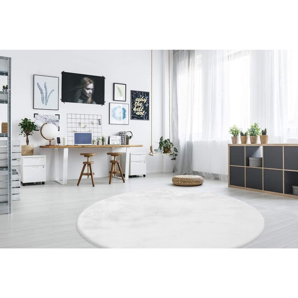 Paris Prix Tapis Rond à Poils Longs  Rabbit  160cm Blanc