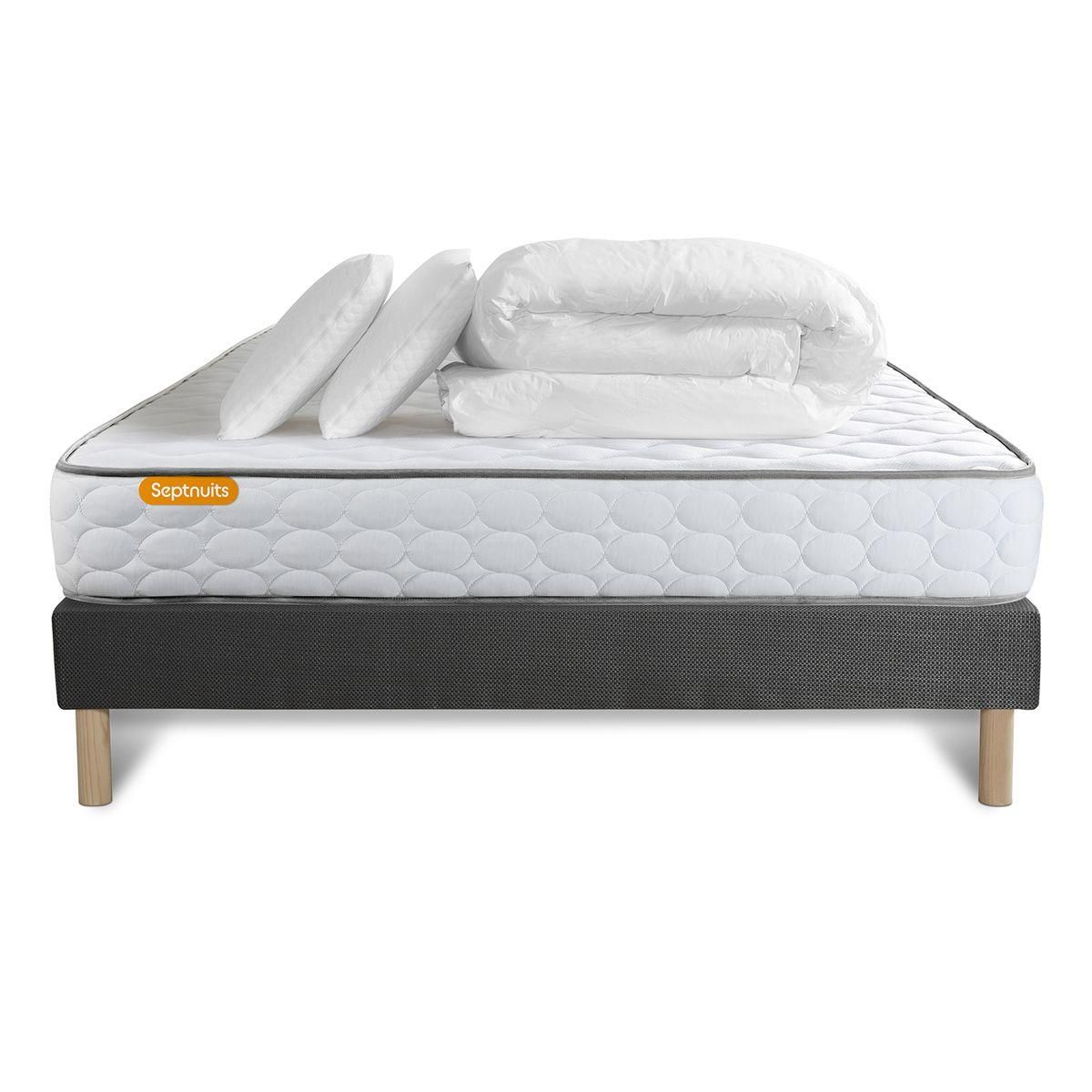 SEPTNUITS Pack matelas Memo + sommier gris + 2 oreillers mémoire de forme