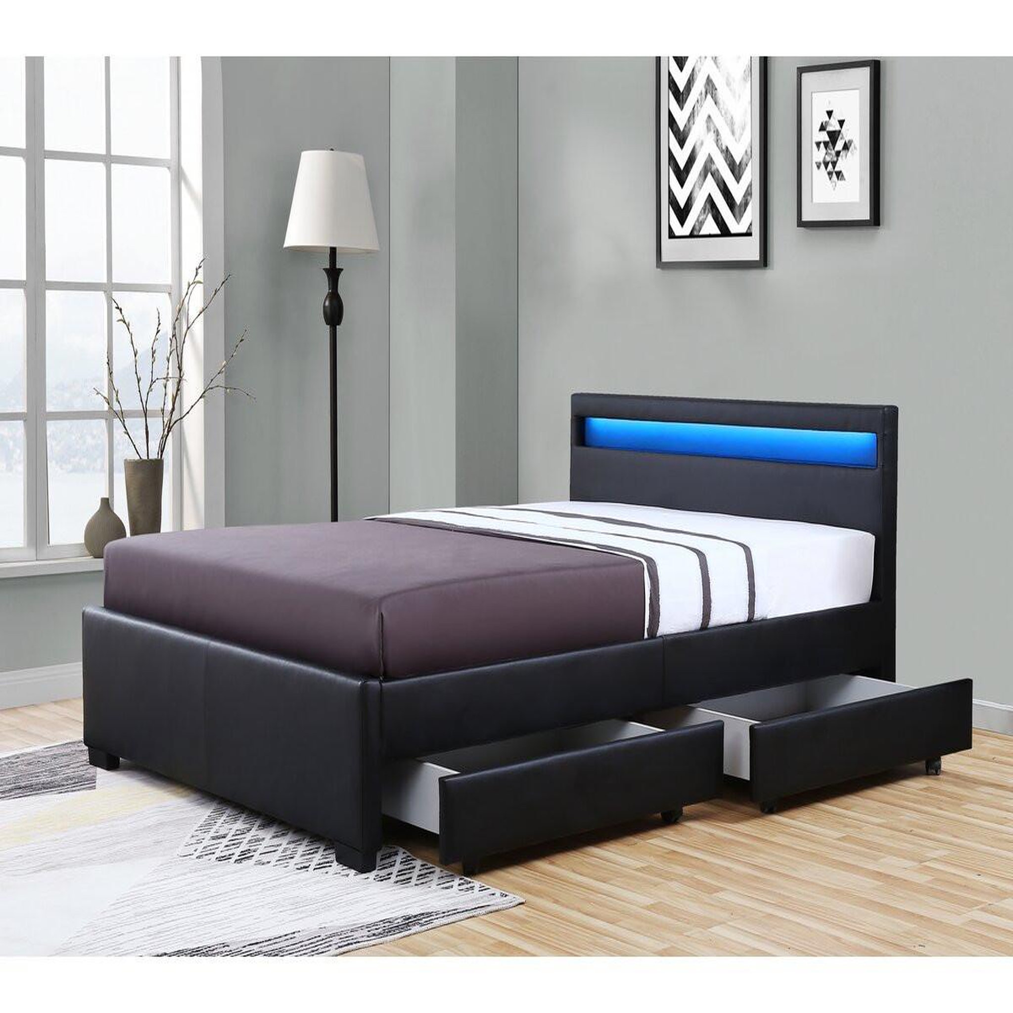 Voir la diapositive 3 : Habitat et Jardin Lit LED avec 4 tiroirs  Nico  - 160 × 200 cm - Noir