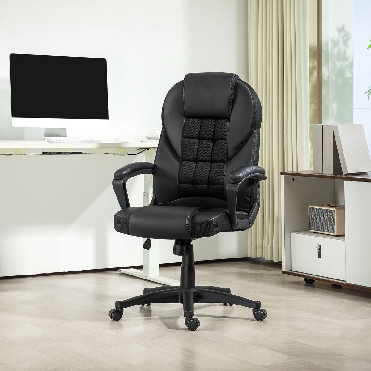 HOMCOM Chaise de bureau manager ergonomique - hauteur réglable, fonction à bascule, pivotant - PU polyester noir