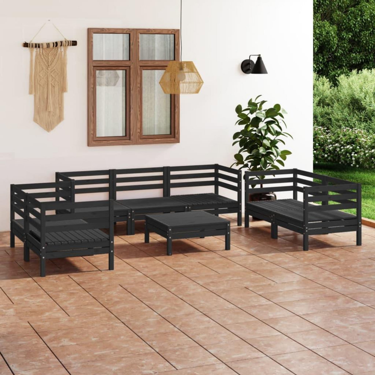 VIDAXL Salon de jardin 8 pcs Noir Bois de pin massif