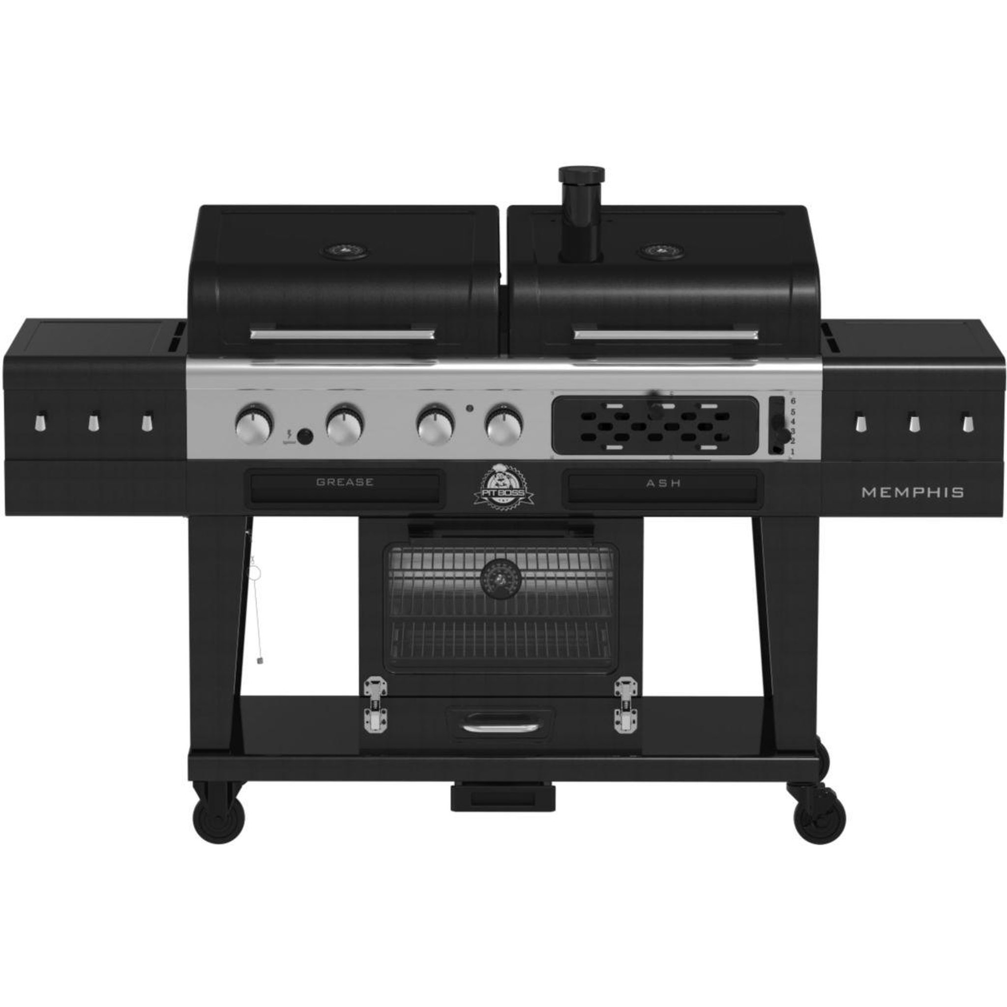 Voir la diapositive 2 : PITBOSS Barbecue gaz memphis 2.0, sur chariot , une zone de cuisson gaz, une charbon et un fumoir électrique 3 étages.