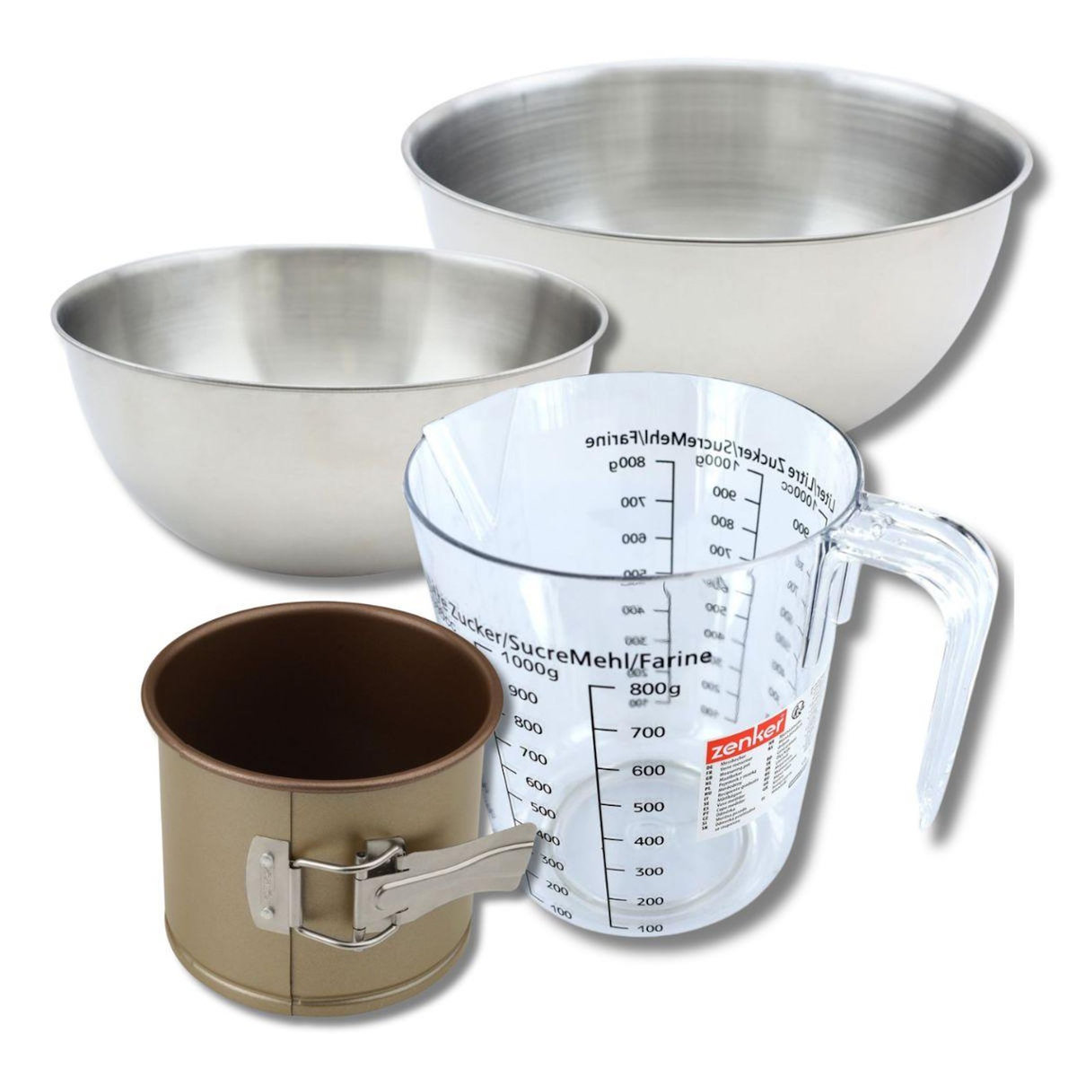 ZENKER Set pâtisserie avec petit moule à panettone 12 x 10 cm en acier, 2 bols à mixer, verre mesureur et spatule Zenker