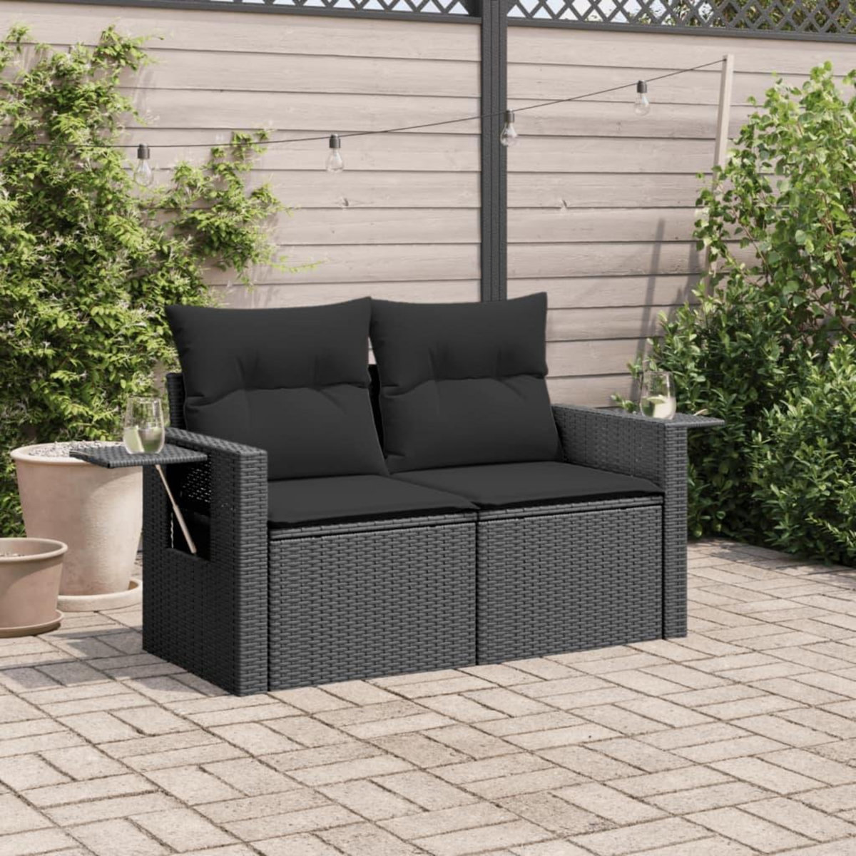 VIDAXL Canape de jardin avec coussins 2 places noir resine tressee