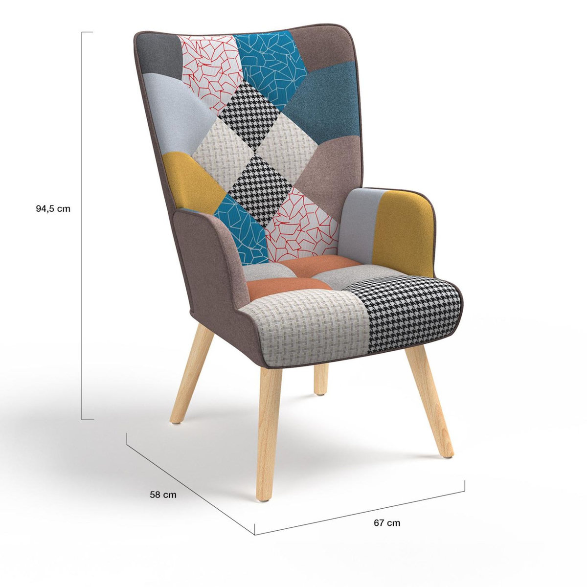 ID MARKET Fauteuil scandinave IVAR avec repose pieds en tissu patchwork multicouleurs