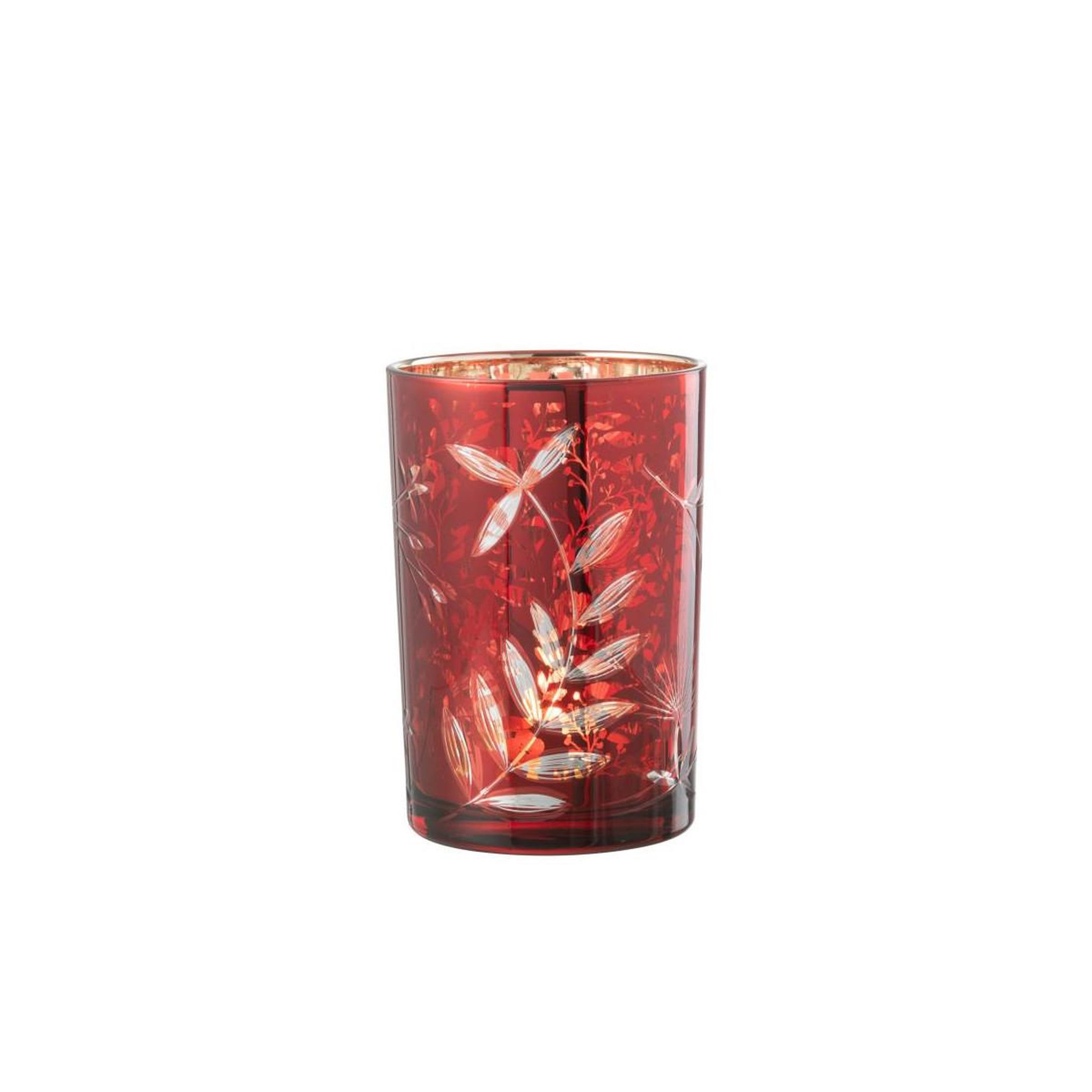 Voir la diapositive 2 : J-LINE Photophore Déco en Verre  Feuilles  18cm Rouge