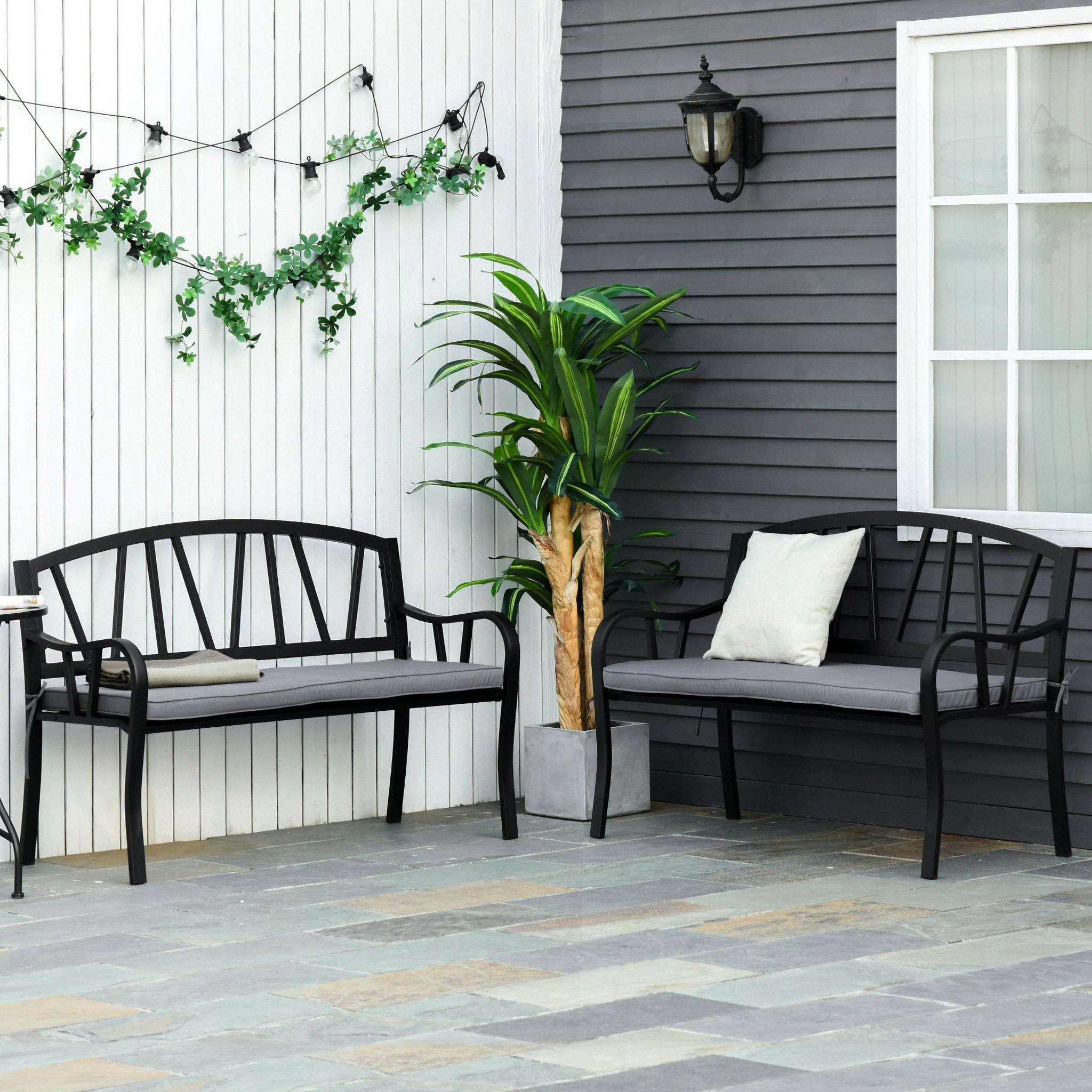 Voir la diapositive 2 : OUTSUNNY Coussins de banc de jardin déhoussables - coussins balancelle - lot de 2 - dim. 120L x 50l cm - rembourrage 5 cm - cordons d'attache - polyester gris