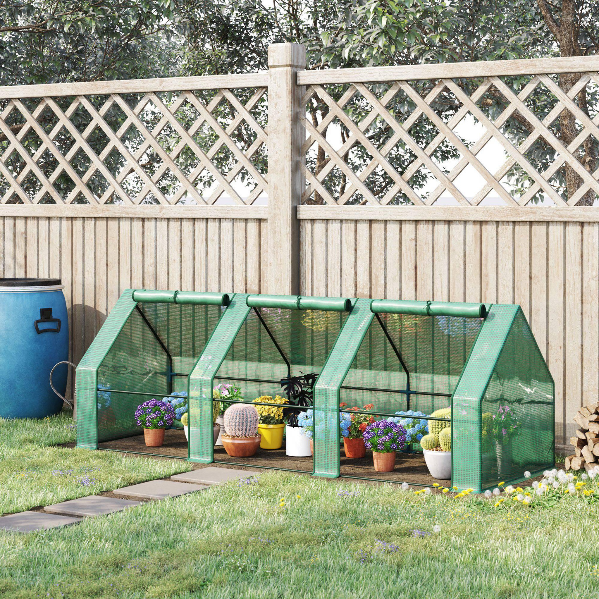 Voir la diapositive 2 : HOMCOM Mini serre de jardin 270L x 90l x 90H cm acier PE haute densité 140 g/m² anti-UV 3 fenêtres avec zip enroulables vert