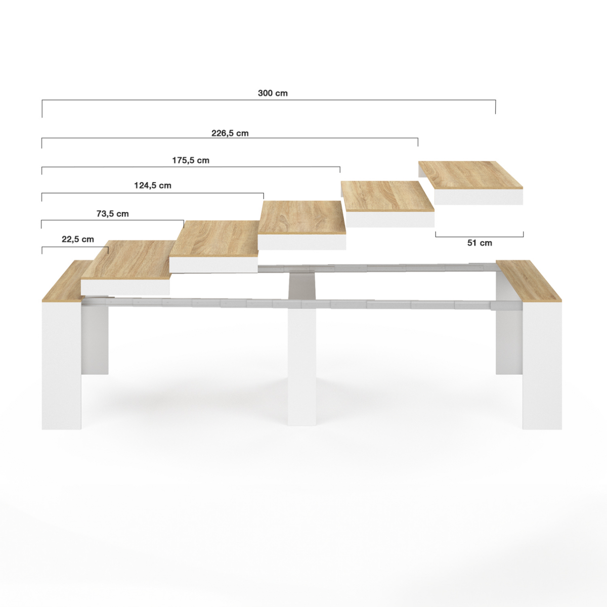 ID MARKET Table console extensible ORLANDO 14 personnes 300 cm blanc et façon hêtre