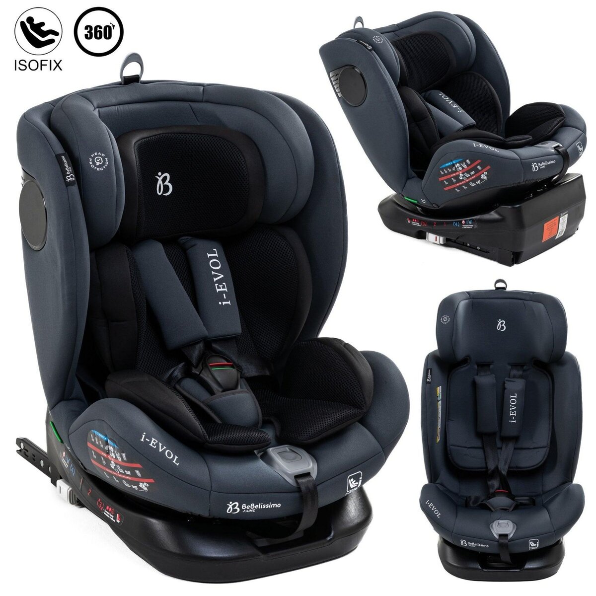 BEBELISSIMO Bebelissimo - Siège auto Isofix - pivontant 360 ° - 40-150 cm -  0-36kg  i- Evol - gris foncé