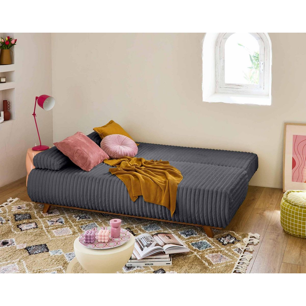 BEST MOBILIER Cristal - canapé 3 places - convertible avec coffre et pouf - en fausse fourrure côtelée