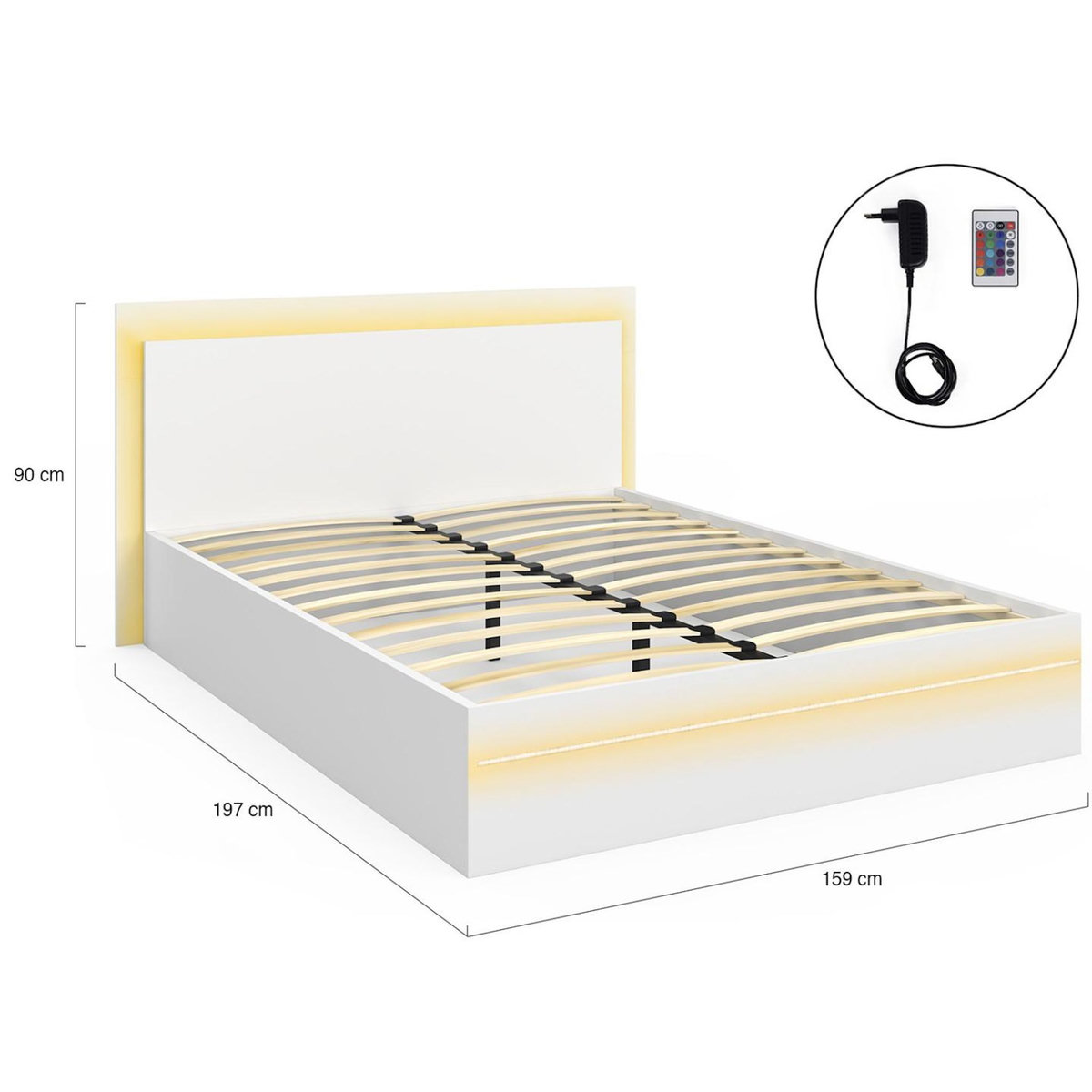 ID MARKET Lit double CHARLIE 140 x 190 cm avec sommier et LED intégrées blanc