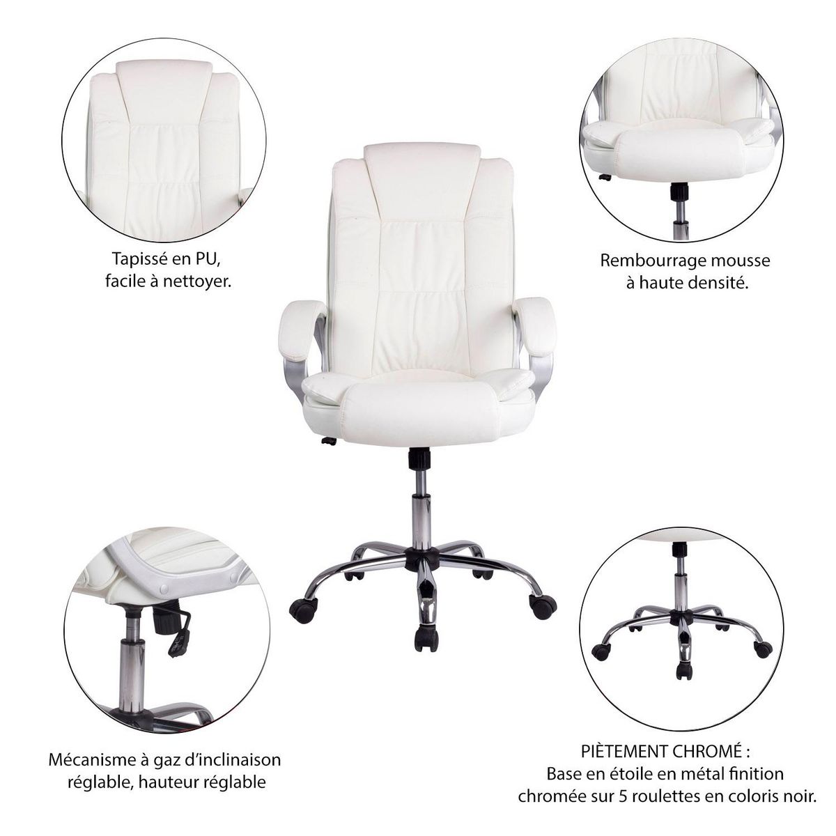 VS VENTA-STOCK Chaise de Bureau Karen Elevable et Fauteuil inclinable en Simili Cuir Blanc