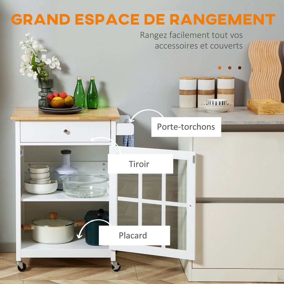 HOMCOM Desserte de cuisine à roulettes multi-rangement - placard porte vitrée avec étagère réglable, tiroir, porte-torchon - blanc aspect chêne clair