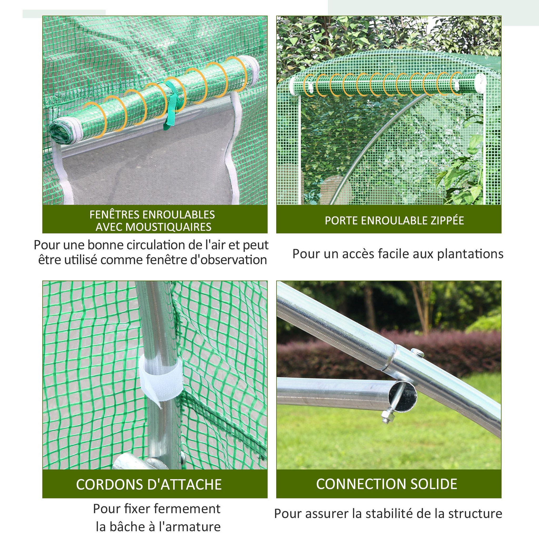 Voir la diapositive 5 : OUTSUNNY Serre de jardin tunnel surface sol 4,5 m² dim. 3l x 1,5l x 2h m châssis tubulaire renforcé porte zippée 2 fenêtres enroulables vert
