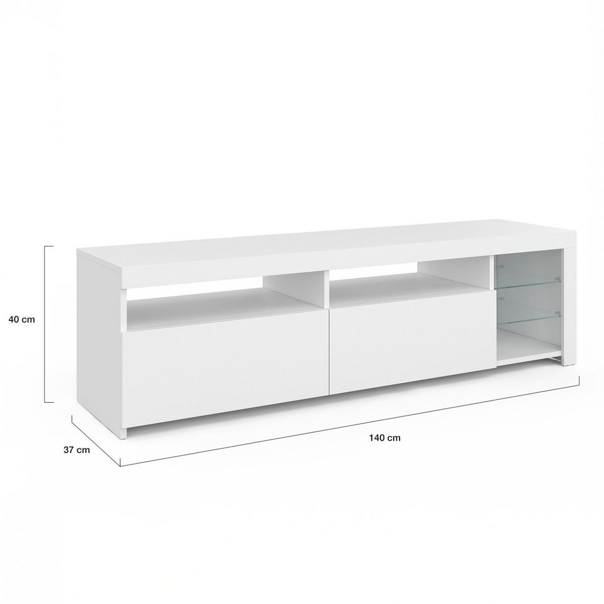 ID MARKET Meuble TV 140 cm SOLVEIG placards et étagères en verre avec LED blanc laqué