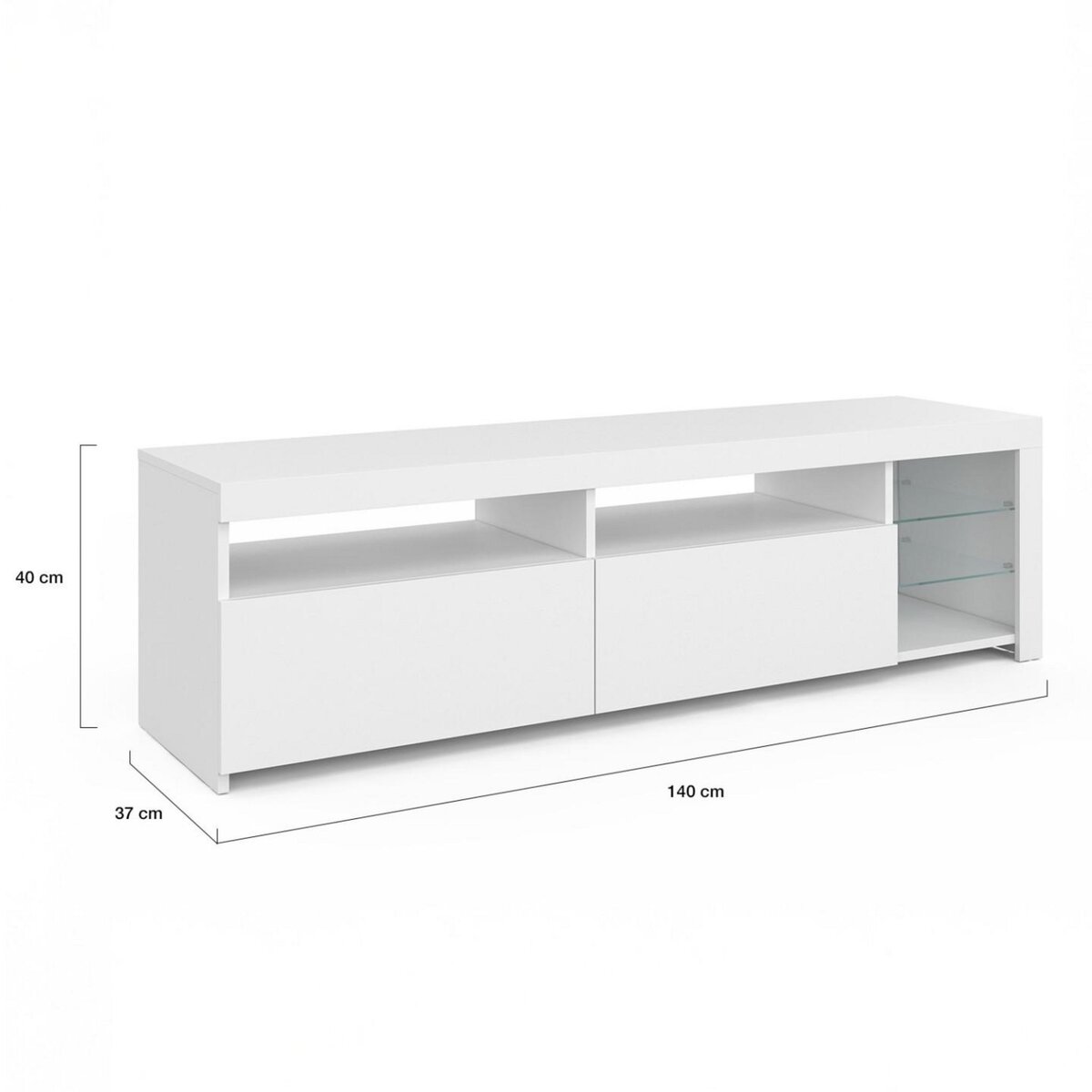 ID MARKET Meuble TV 140 cm SOLVEIG placards et étagères en verre avec LED blanc laqué