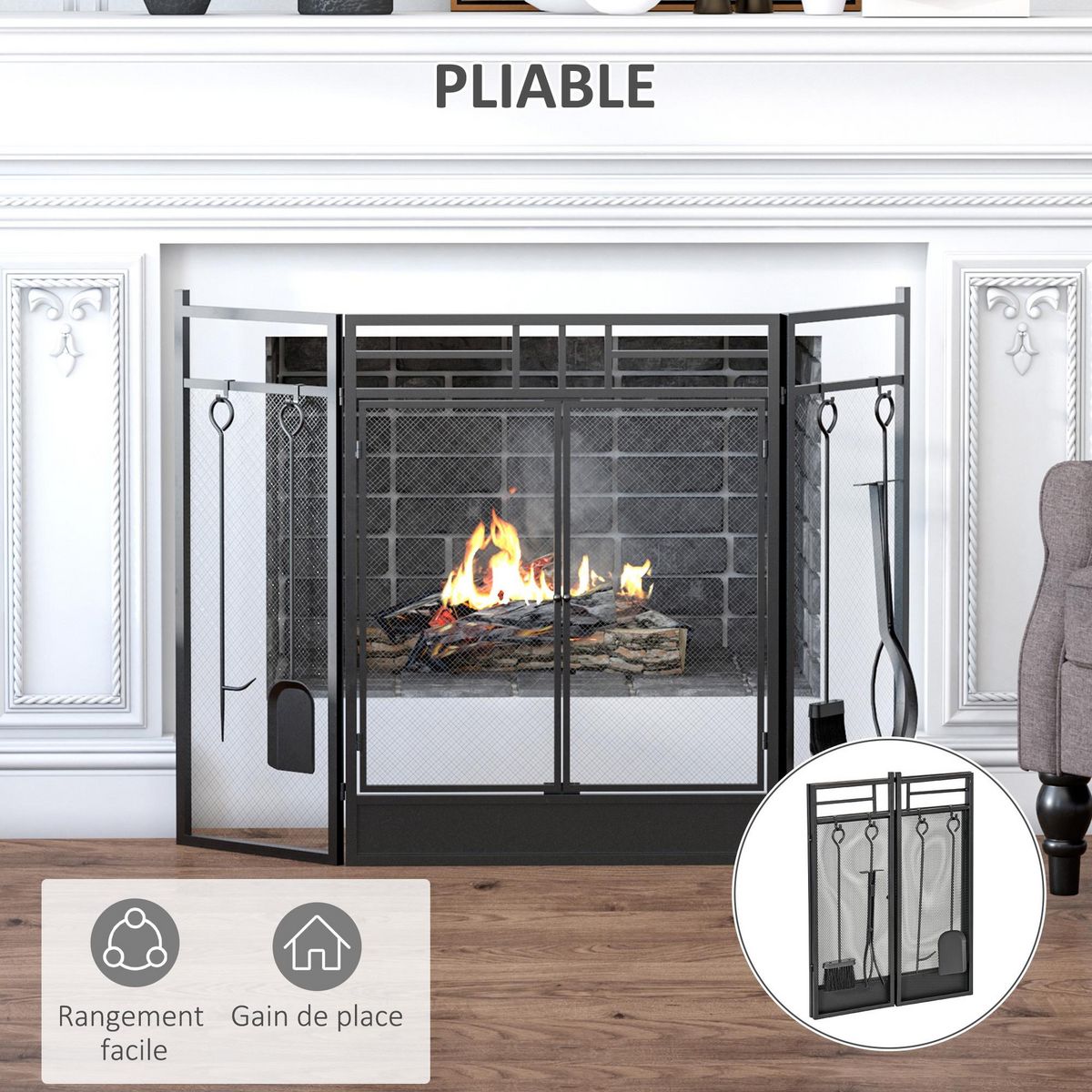 HOMCOM Pare-feu large pour cheminée ou poêle - pare-étincelles serviteur de cheminée 2 en 1 avec accessoires - 3 volets pliables et porte - acier métal noir