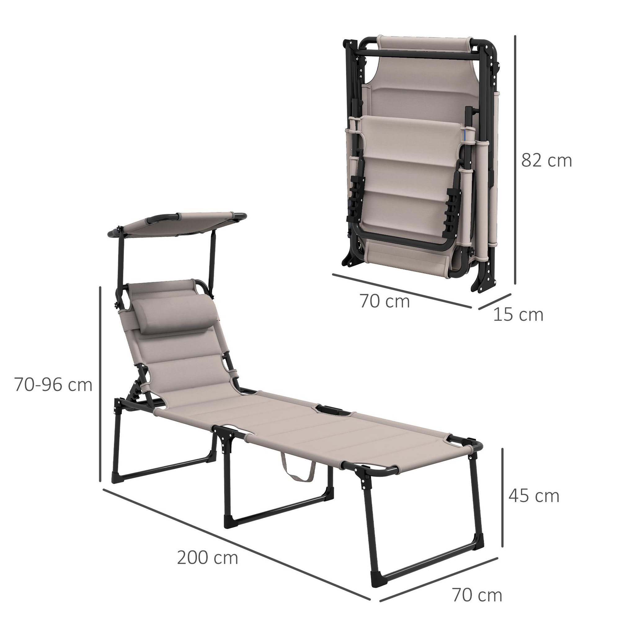 Voir la diapositive 3 : OUTSUNNY Lot de 2 bains de soleil transats pliables réglables avec pare-soleil taupe
