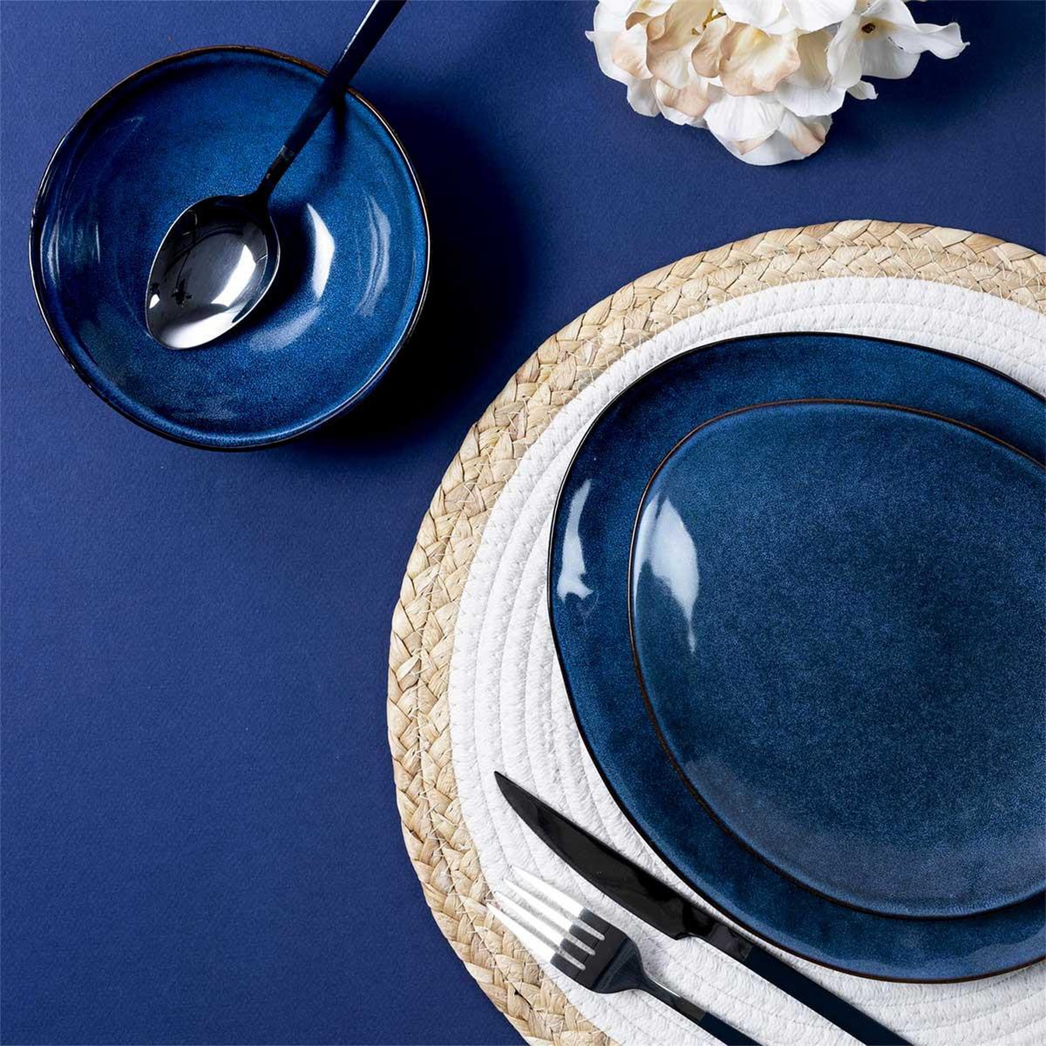 Voir la diapositive 3 : The Home Deco Factory Lot de 6 assiettes plates  au grès  27cm bleu
