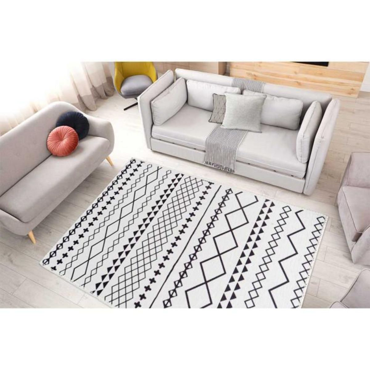 Paris Prix Tapis Tissé Imprimé à Poils Plats  Maya IV  Blanc & Noir