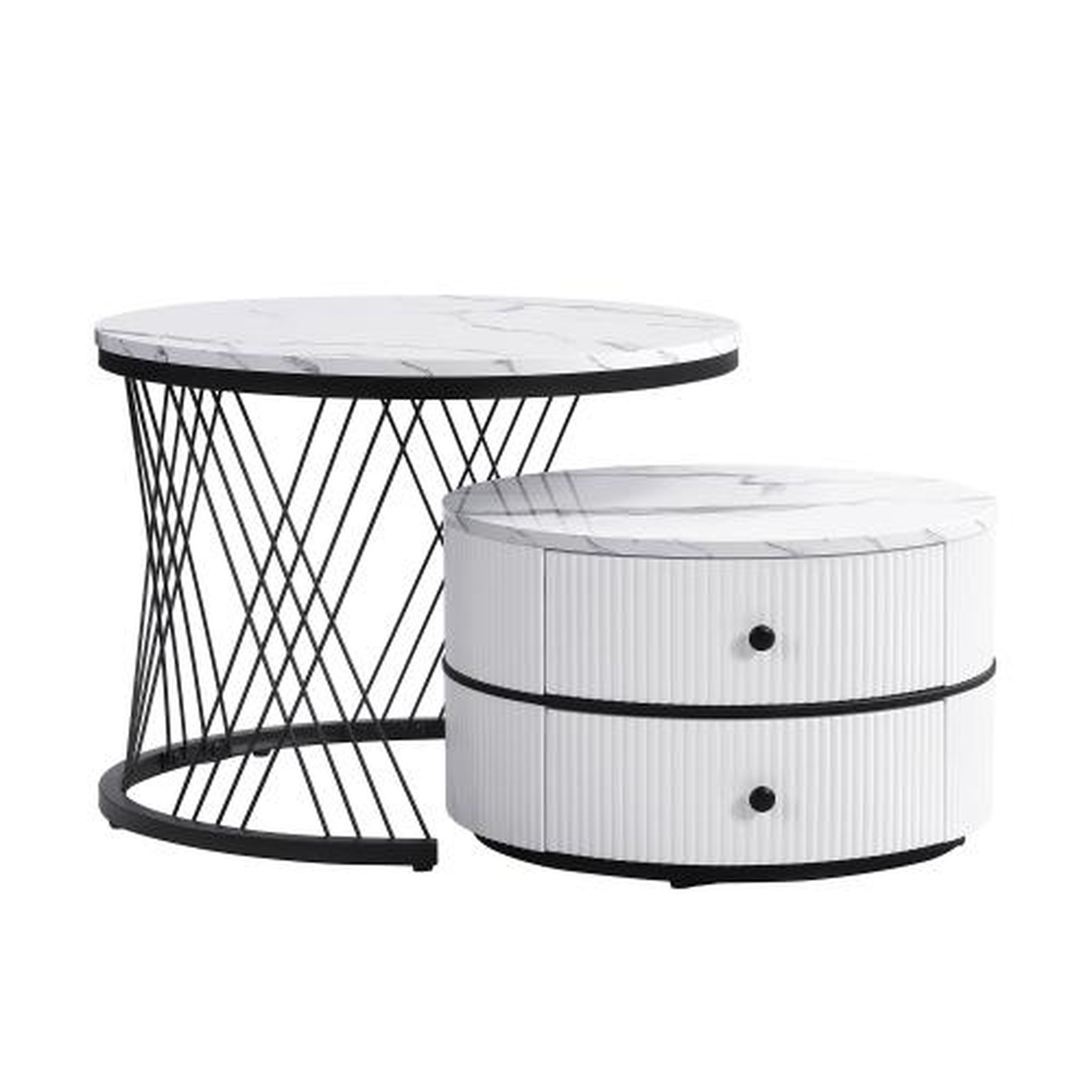 Voir la diapositive 5 : MERAX Lot De 2 Table Basse Gigognes Rond Avec 2 Tiroirs
