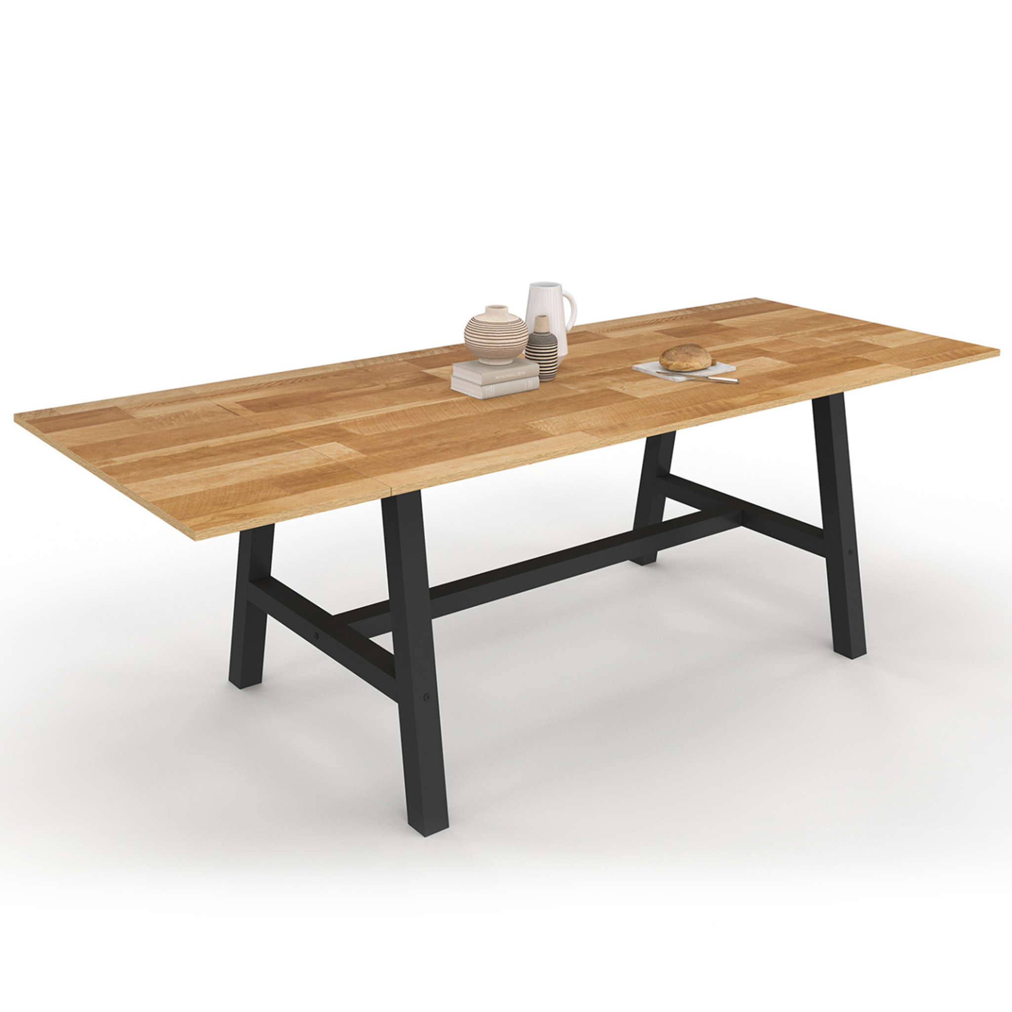 ID MARKET Table à manger extensible rectangle madeleine 6-12 personnes bois et métal noir 160-240 cm