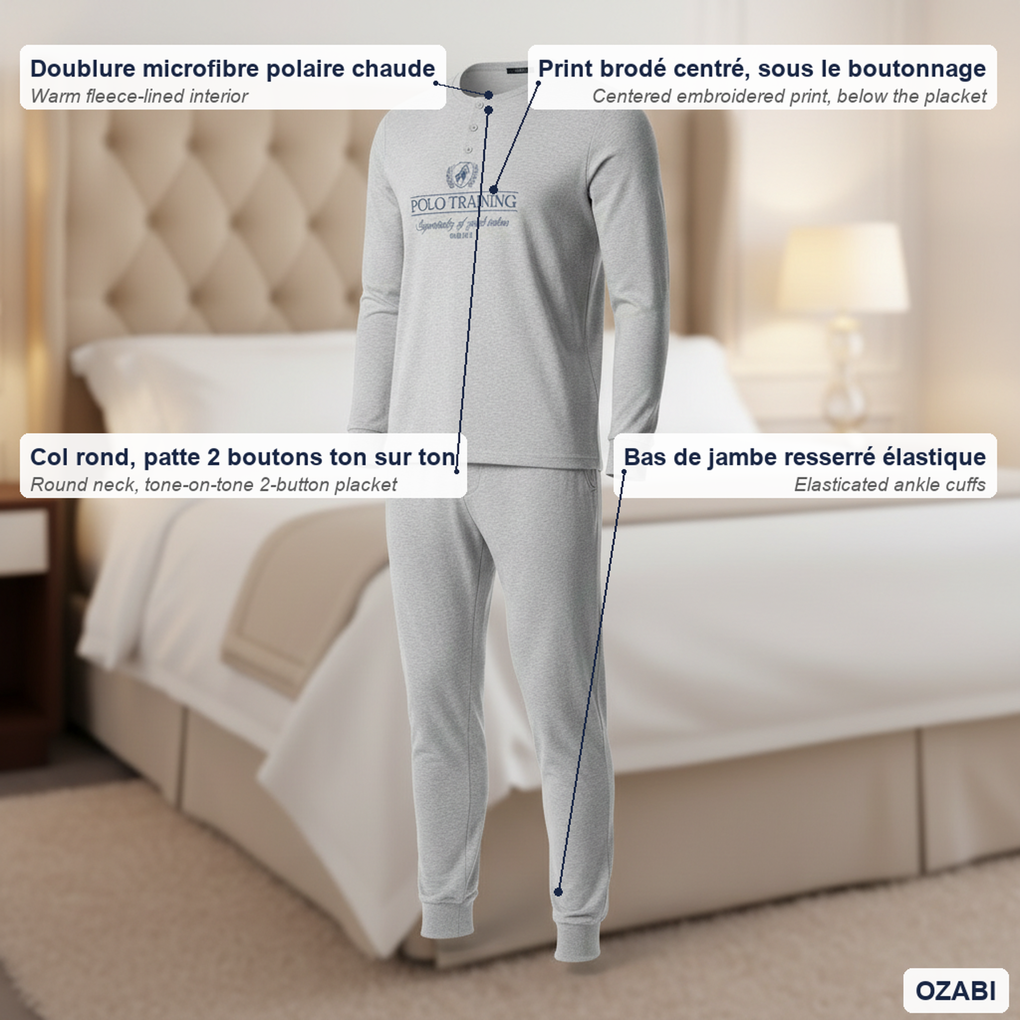 Voir la diapositive 5 : OZABI Ozabi pyjama homme doublé polaire print brodé