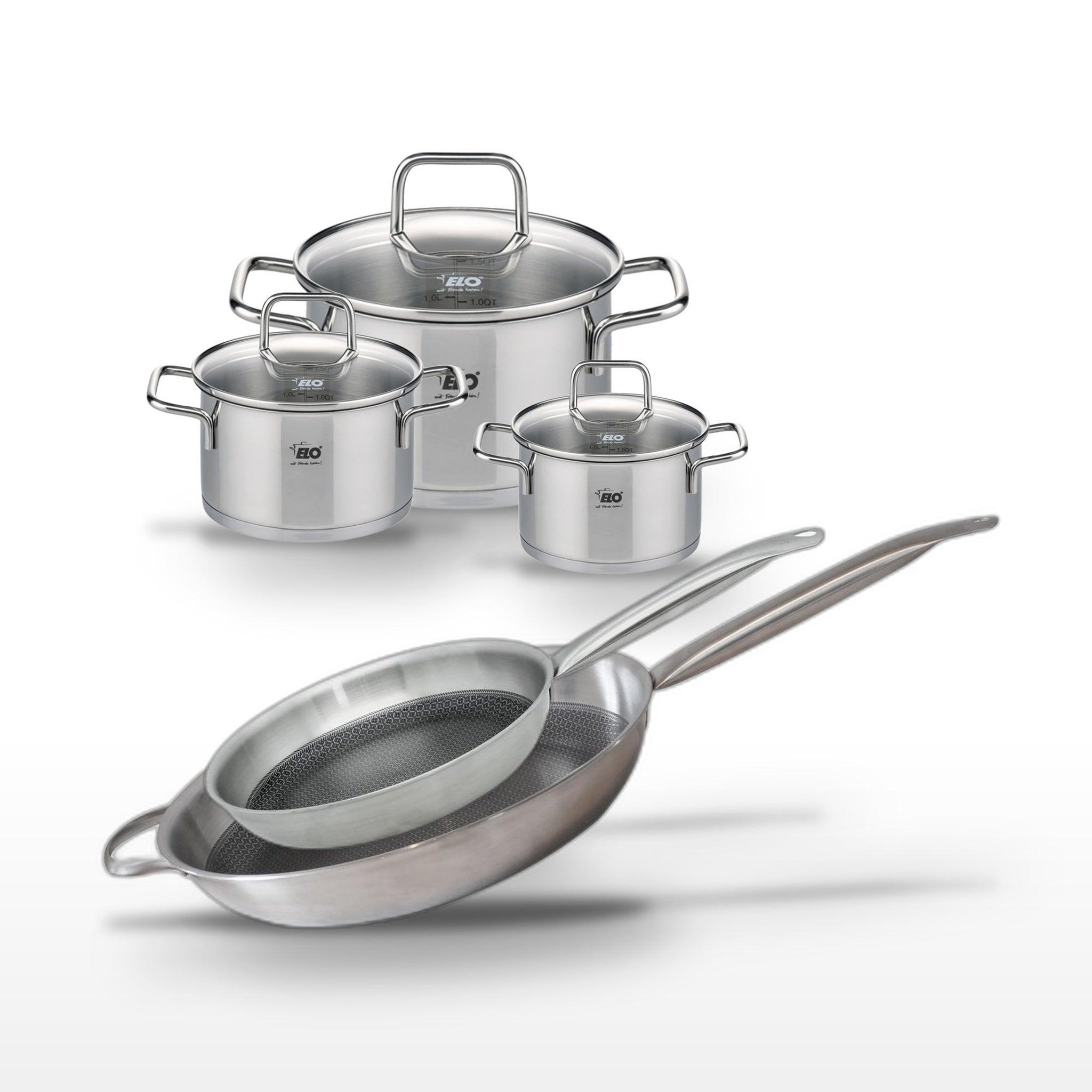 ELO Batterie de cuisine avec 2 faitouts 12/14 cm et 1 faitout 20 cm et 1 poêle de cuisson 28/32 cm en inox sans pfas elo collection relief solution citrin