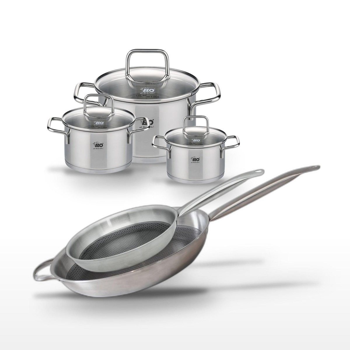 ELO Lot de 2 Poêles Elo Relief Solution 28/32 cm et 3 Faitouts Elo Citrin 12/14/20 cm